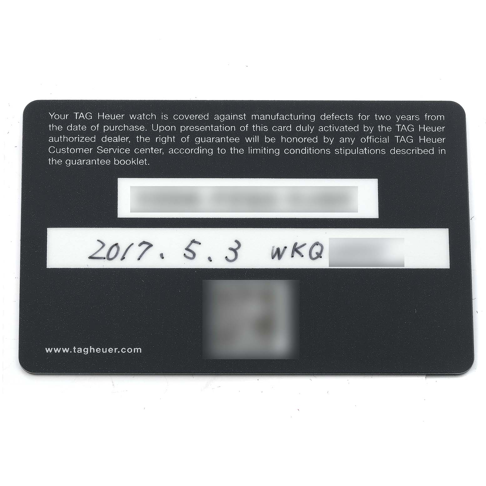 This image shows the warranty card for a Tag Heuer Carrera CAR2A1W Men's Stainless Steel Transparent Dial CAR2A1W Men's Stainless Steel Transparent Dial watch, featuring the date of purchase and other information.