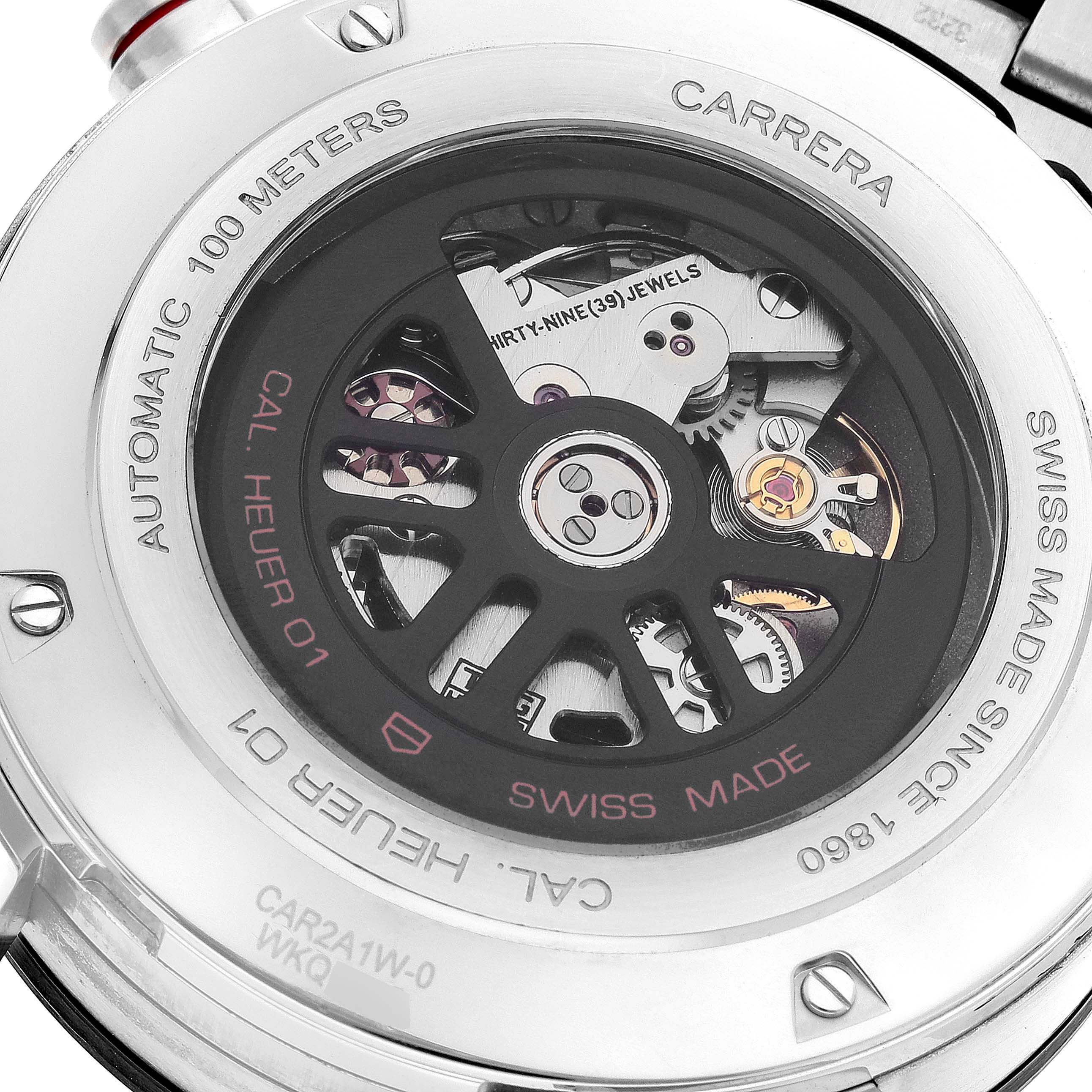 The image shows the back view of the Tag Heuer Carrera CAR2A1W Men's Stainless Steel Transparent Dial CAR2A1W Men's Stainless Steel Transparent Dial watch, revealing its automatic movement and inner mechanics.