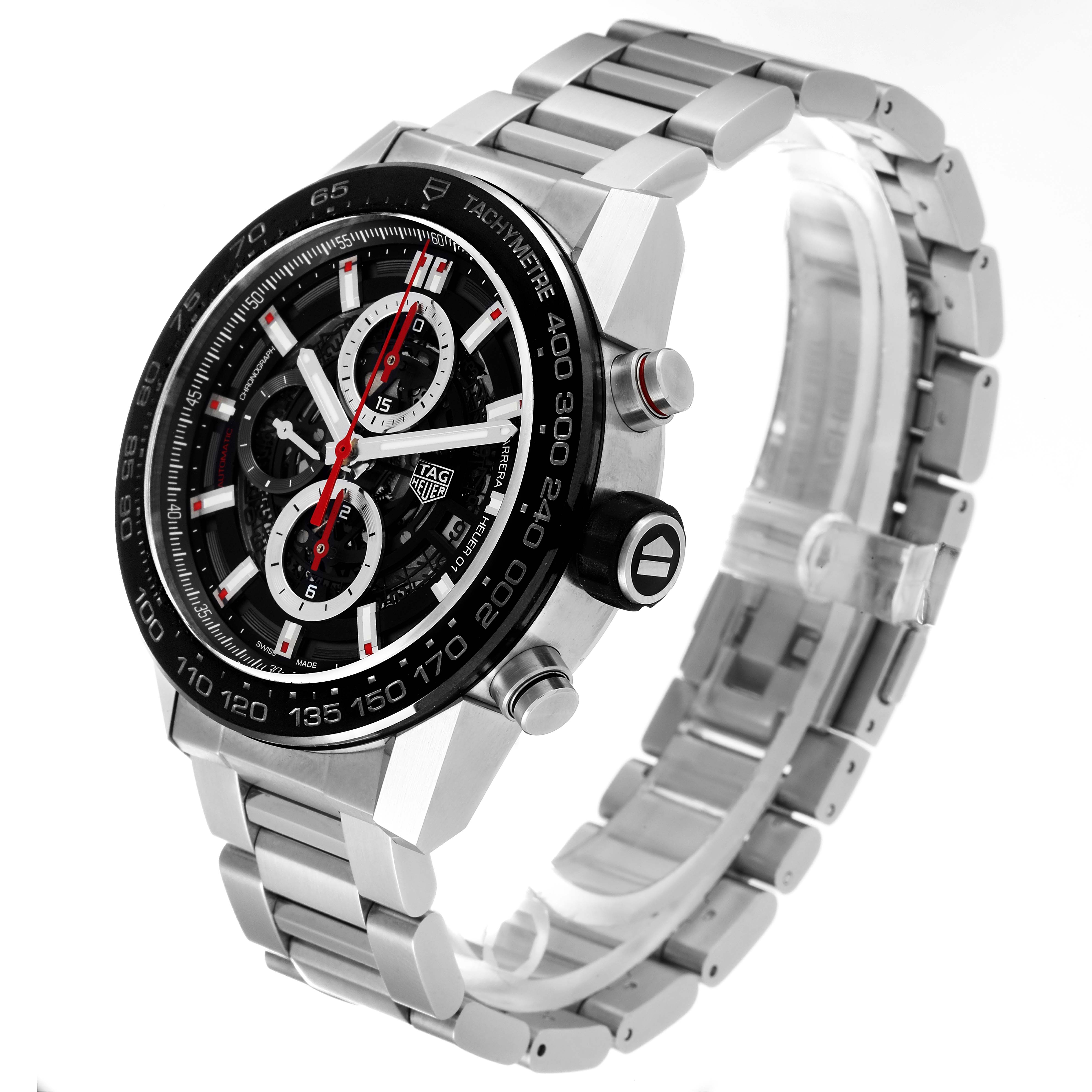 The image shows a Tag Heuer Carrera CAR2A1W Men's Stainless Steel Transparent Dial CAR2A1W Men's Stainless Steel Transparent Dial watch at an angled view, highlighting the face, bezel, pushers, and metal bracelet.