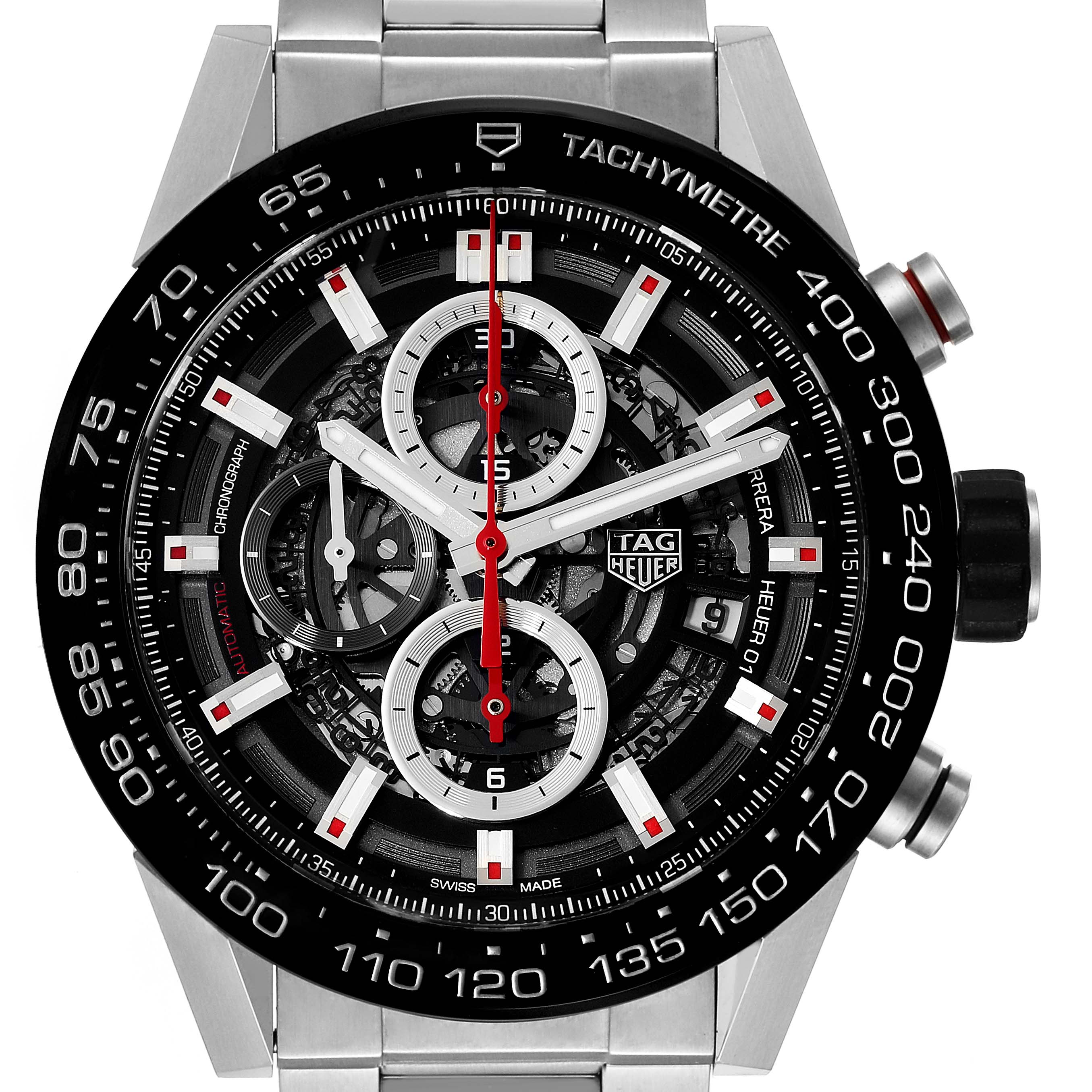 The image shows a front view of a Tag Heuer Carrera CAR2A1W Men's Stainless Steel Transparent Dial CAR2A1W Men's Stainless Steel Transparent Dial watch, highlighting the dial, bezel, and chronograph subdials.