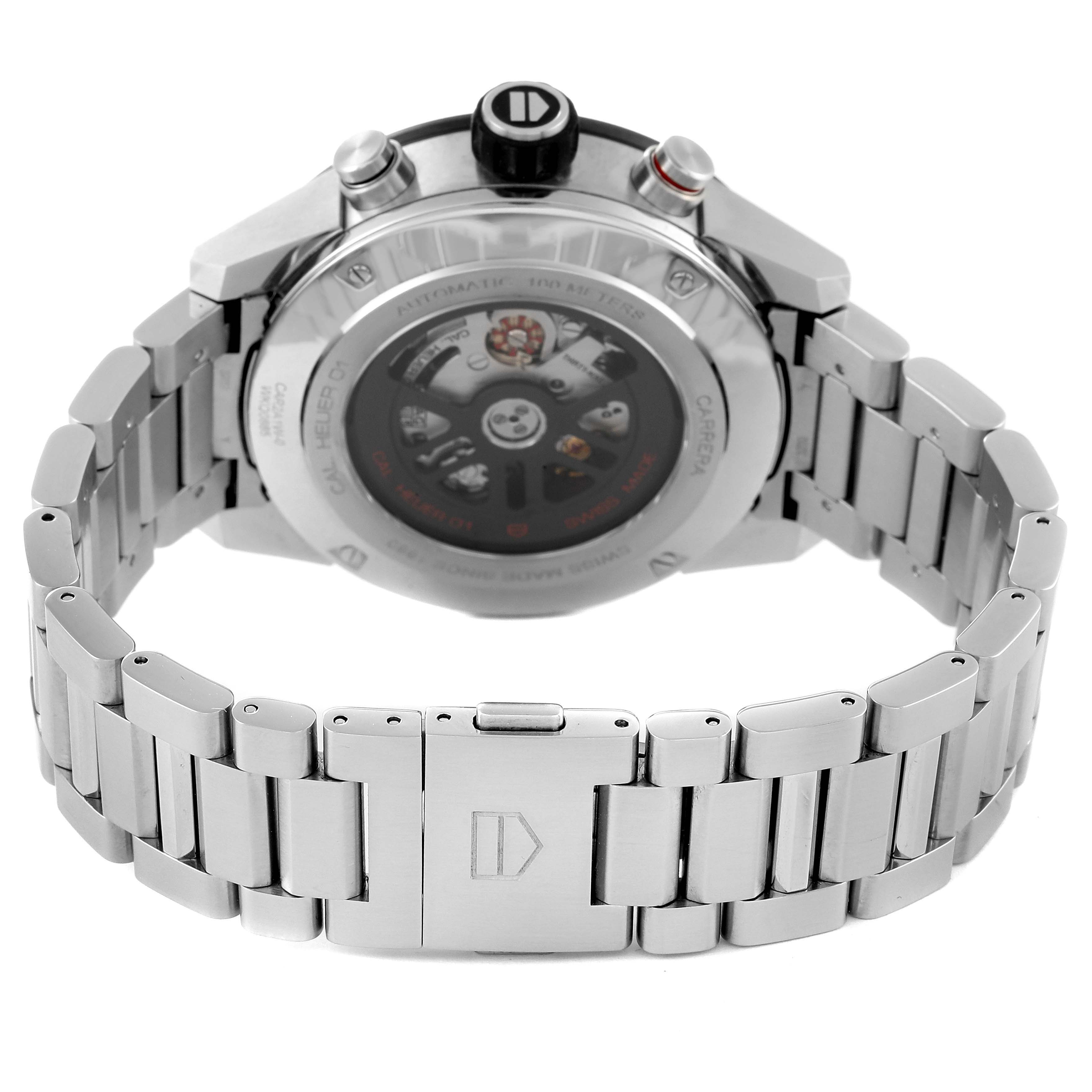 The image shows the back view of a Tag Heuer Carrera CAR2A1W Men's Stainless Steel Transparent Dial CAR2A1W Men's Stainless Steel Transparent Dial model, highlighting its stainless steel bracelet and transparent case back.