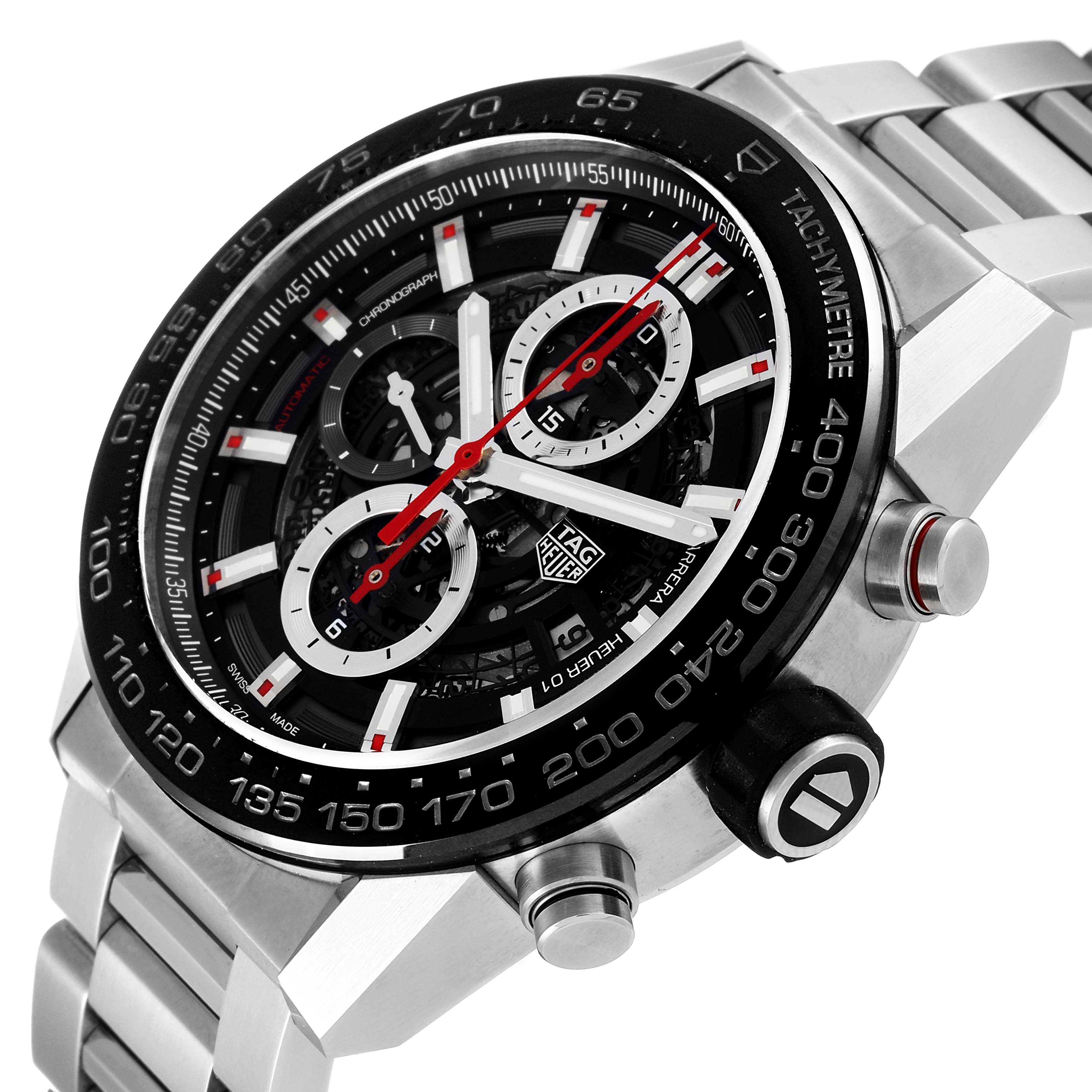 The Carrera model by Tag Heuer is shown at a three-quarter angle, highlighting the dial, bezel, and metal bracelet.
