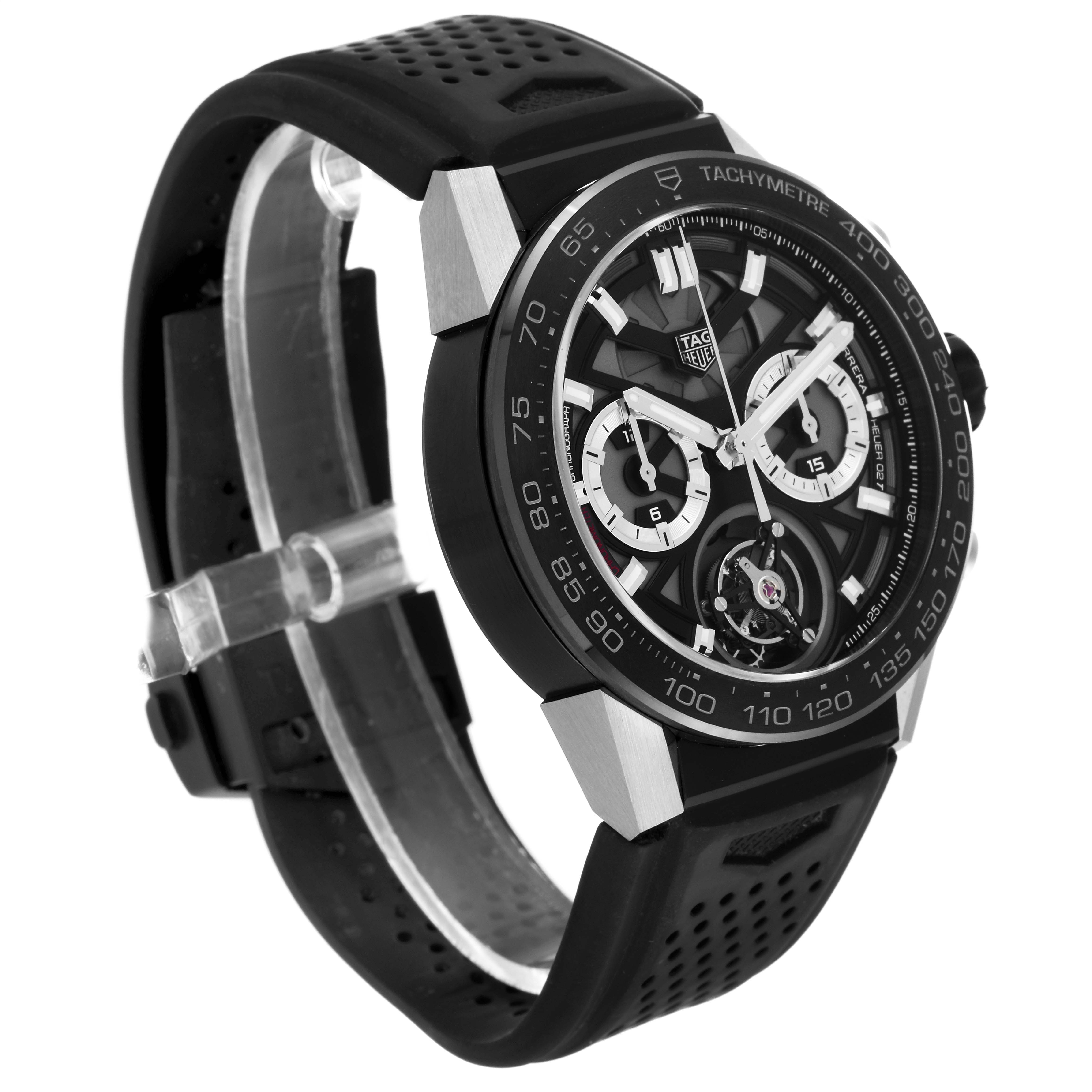 The image shows a Tag Heuer Carrera CAR5A8Y.FC6377 Men's Titanium Black Dial CAR5A8Y.FC6377 Men's Titanium Black Dial watch from a side-angle, highlighting its dial, bezel, and black rubber strap.