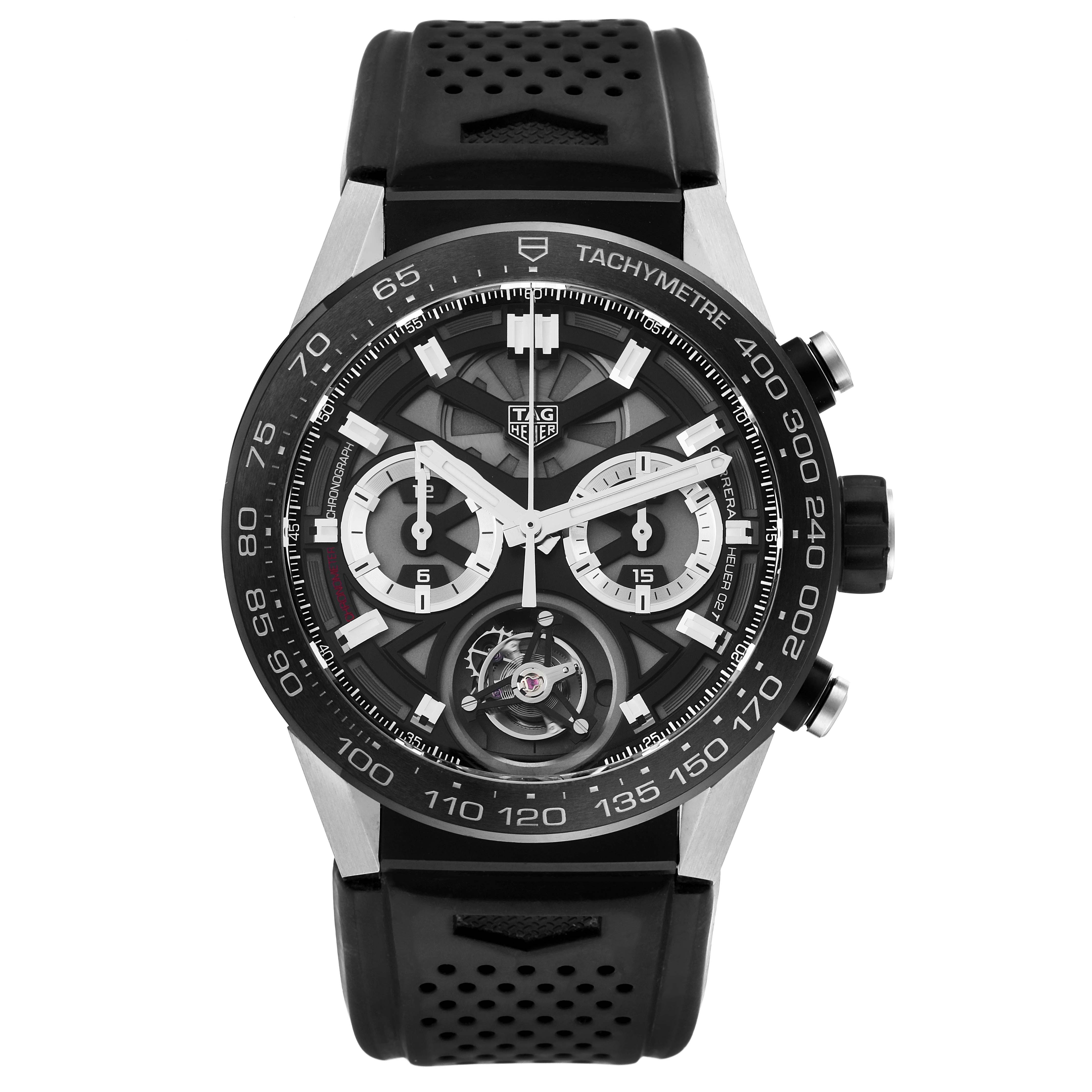 The image shows a frontal view of the Tag Heuer Carrera CAR5A8Y.FC6377 Men's Titanium Black Dial CAR5A8Y.FC6377 Men's Titanium Black Dial watch, highlighting the dial, bezel, and strap.