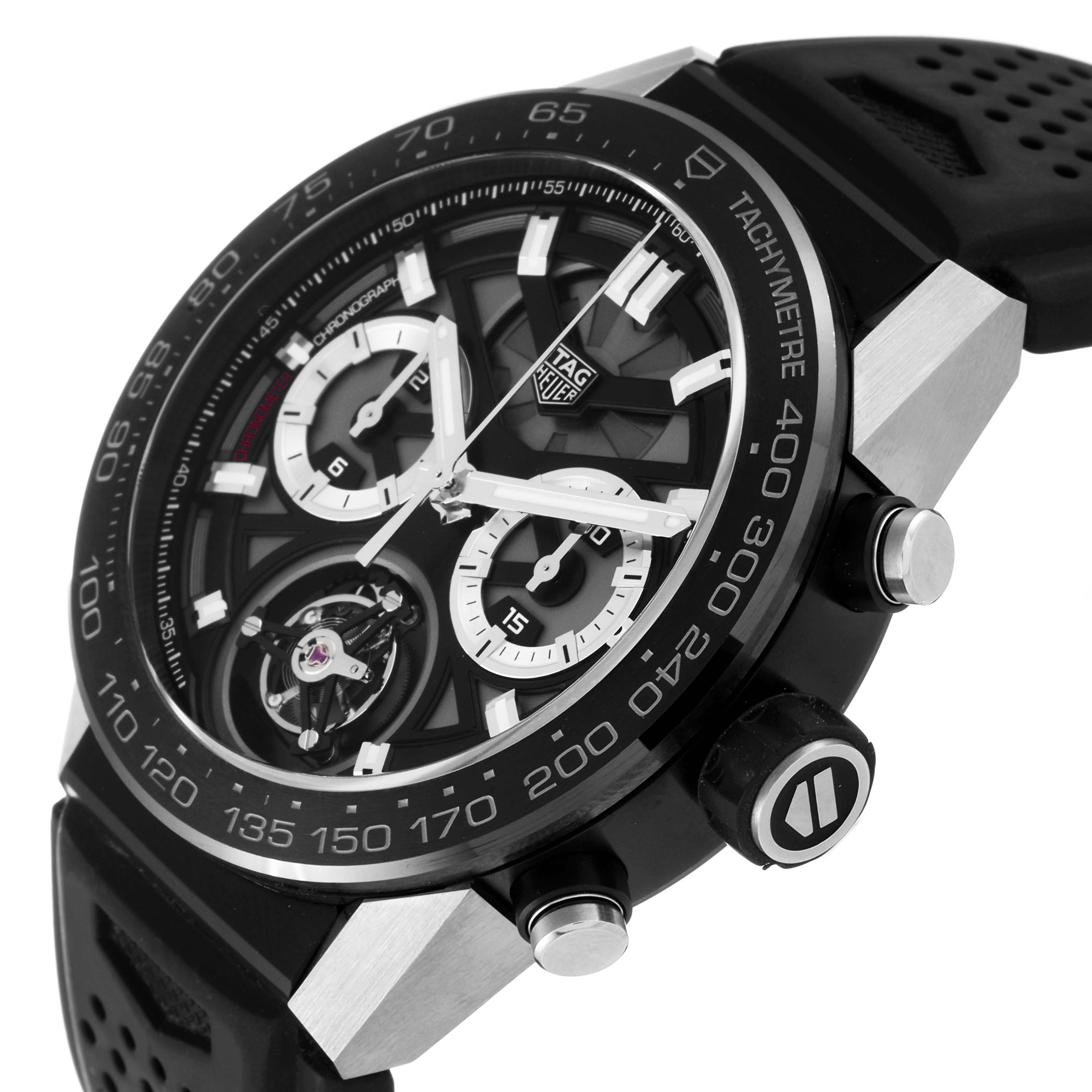 The image shows a side-angle view of a Tag Heuer Carrera CAR5A8Y.FC6377 Men's Titanium Black Dial CAR5A8Y.FC6377 Men's Titanium Black Dial watch, highlighting its face and side buttons.