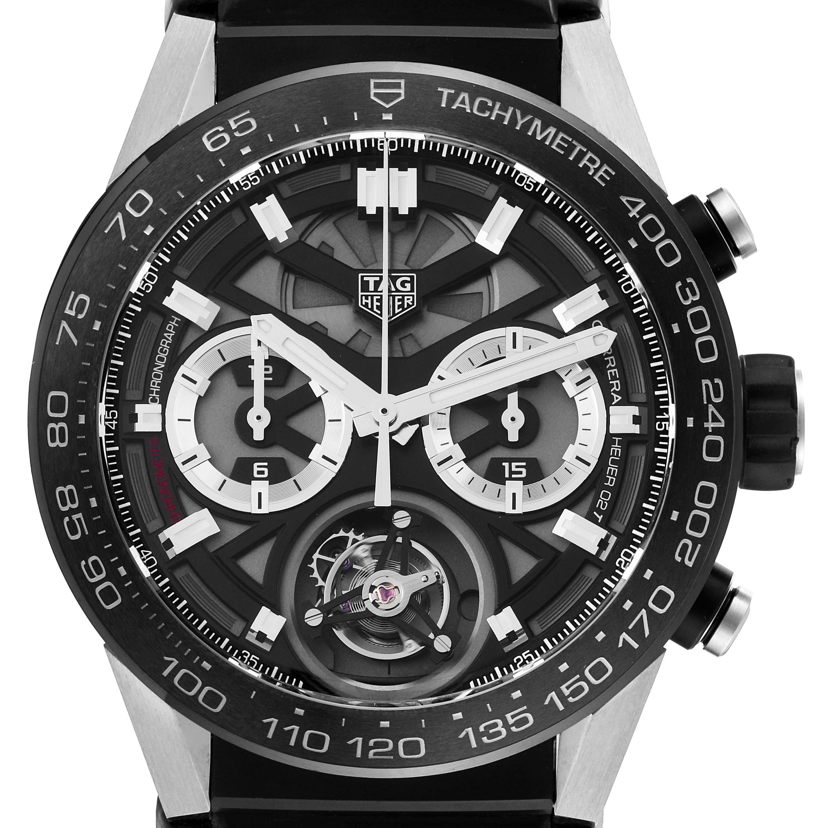 The image shows the face of the Tag Heuer Carrera CAR5A8Y.FC6377 Men's Titanium Black Dial CAR5A8Y.FC6377 Men's Titanium Black Dial model, highlighting the chronograph, tachymetre, and intricate dial details.