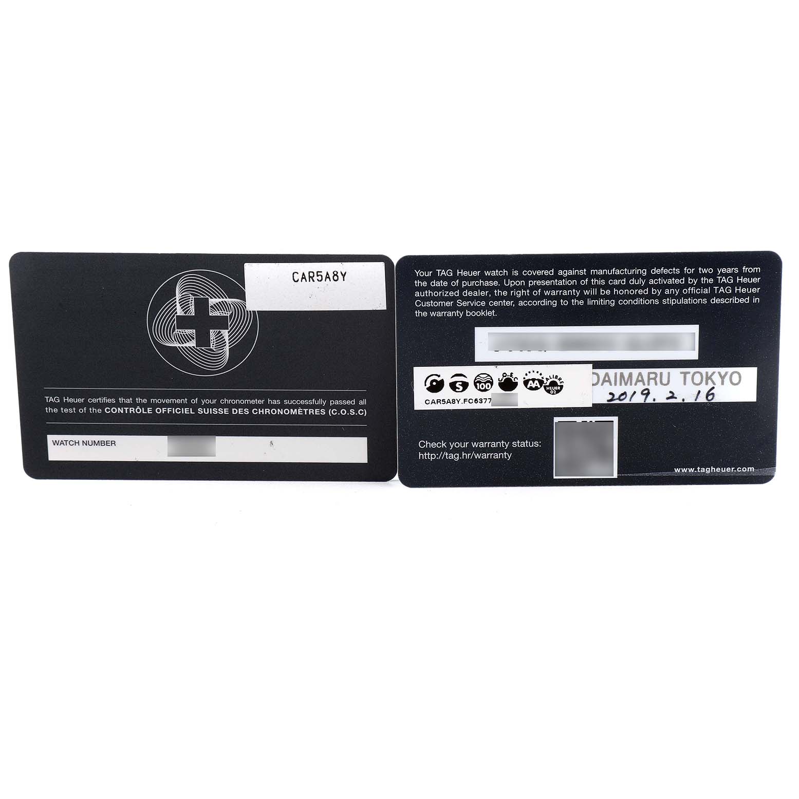 The image shows the front and back of the warranty and certification cards for the Tag Heuer Carrera CAR5A8Y.FC6377 Men's Titanium Black Dial CAR5A8Y.FC6377 Men's Titanium Black Dial model watch.