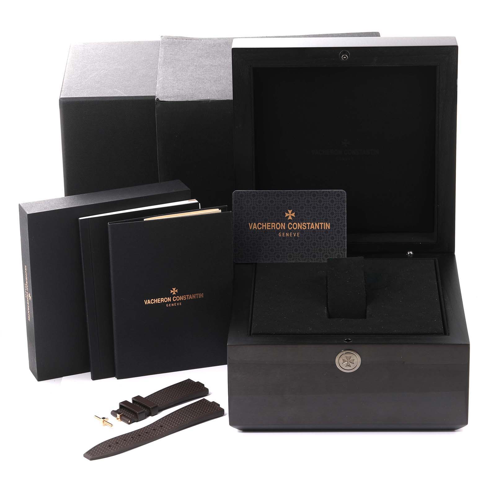 The image shows the Vacheron Constantin Overseas 4500V/000R-B127 Men's Rose Gold Silver Dial box, booklet, and accessories like extra straps and tools, from a front angle.