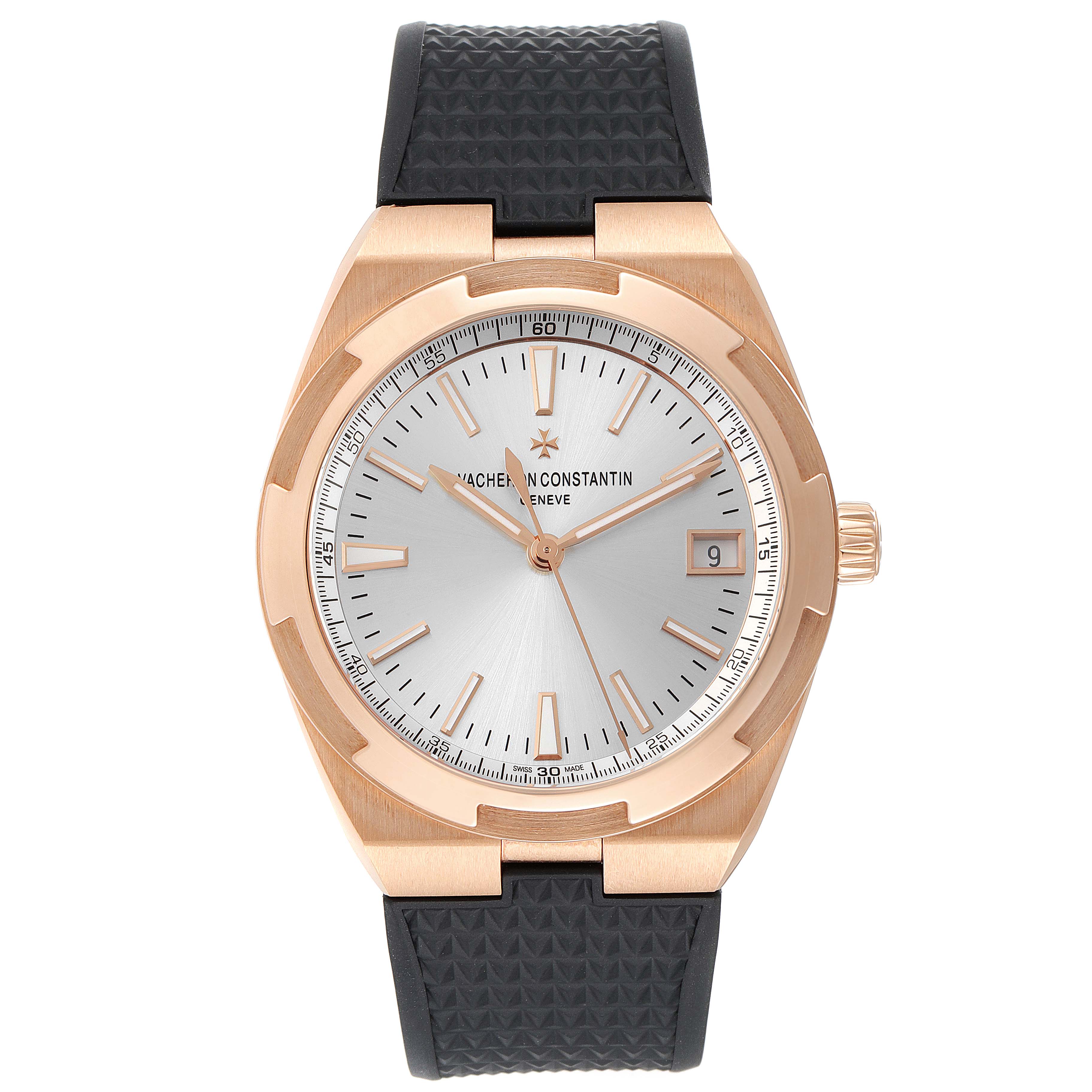 The Vacheron Constantin Overseas 4500V/000R-B127 Men's Rose Gold Silver Dial 4500V/000R-B127 Men's Rose Gold Silver Dial watch is shown from a top-down angle, displaying the dial, bezel, crown, and strap.