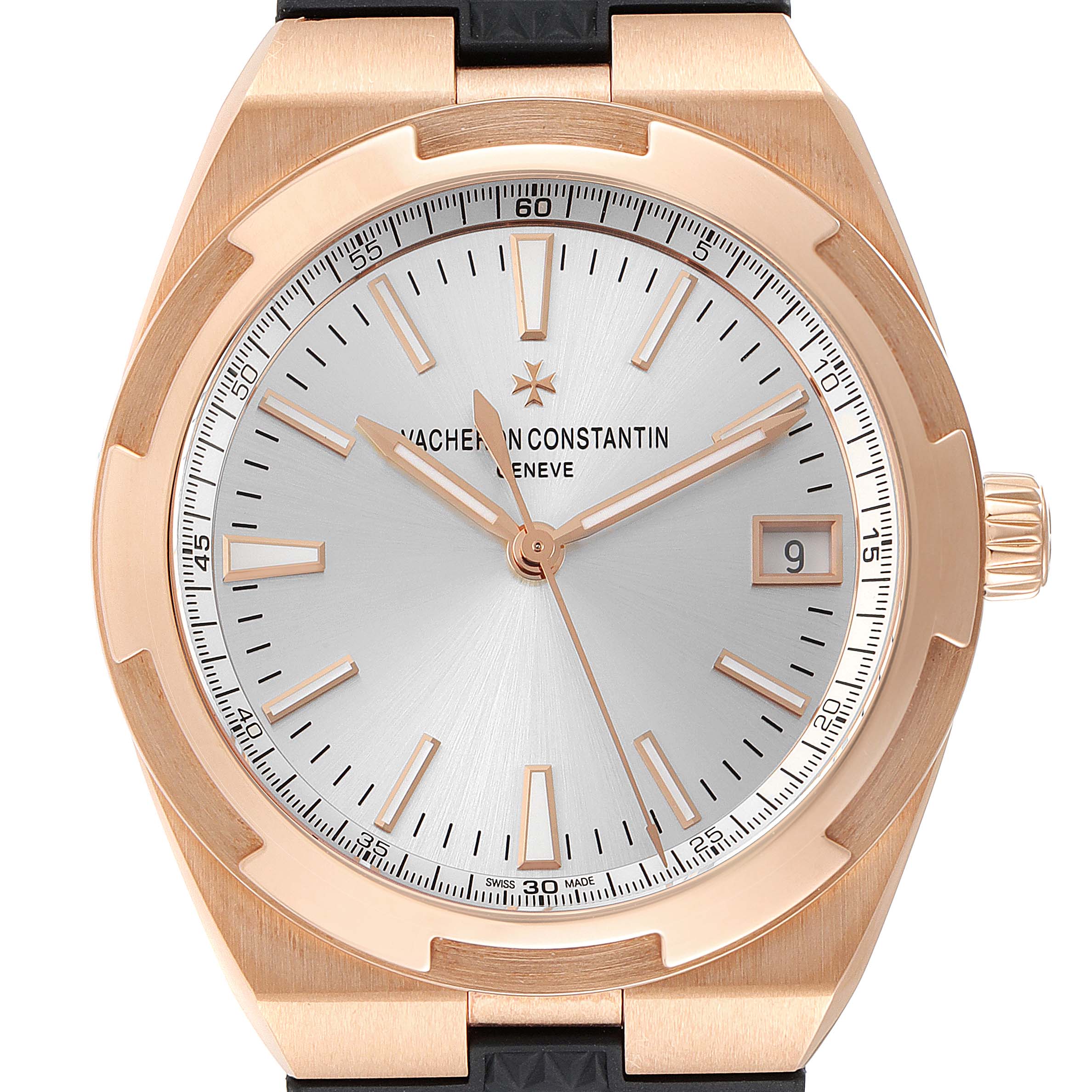 This is a close-up of the Vacheron Constantin Overseas 4500V/000R-B127 Men's Rose Gold Silver Dial 4500V/000R-B127 Men's Rose Gold Silver Dial model, showing the face, bezel, crown, and part of the strap.