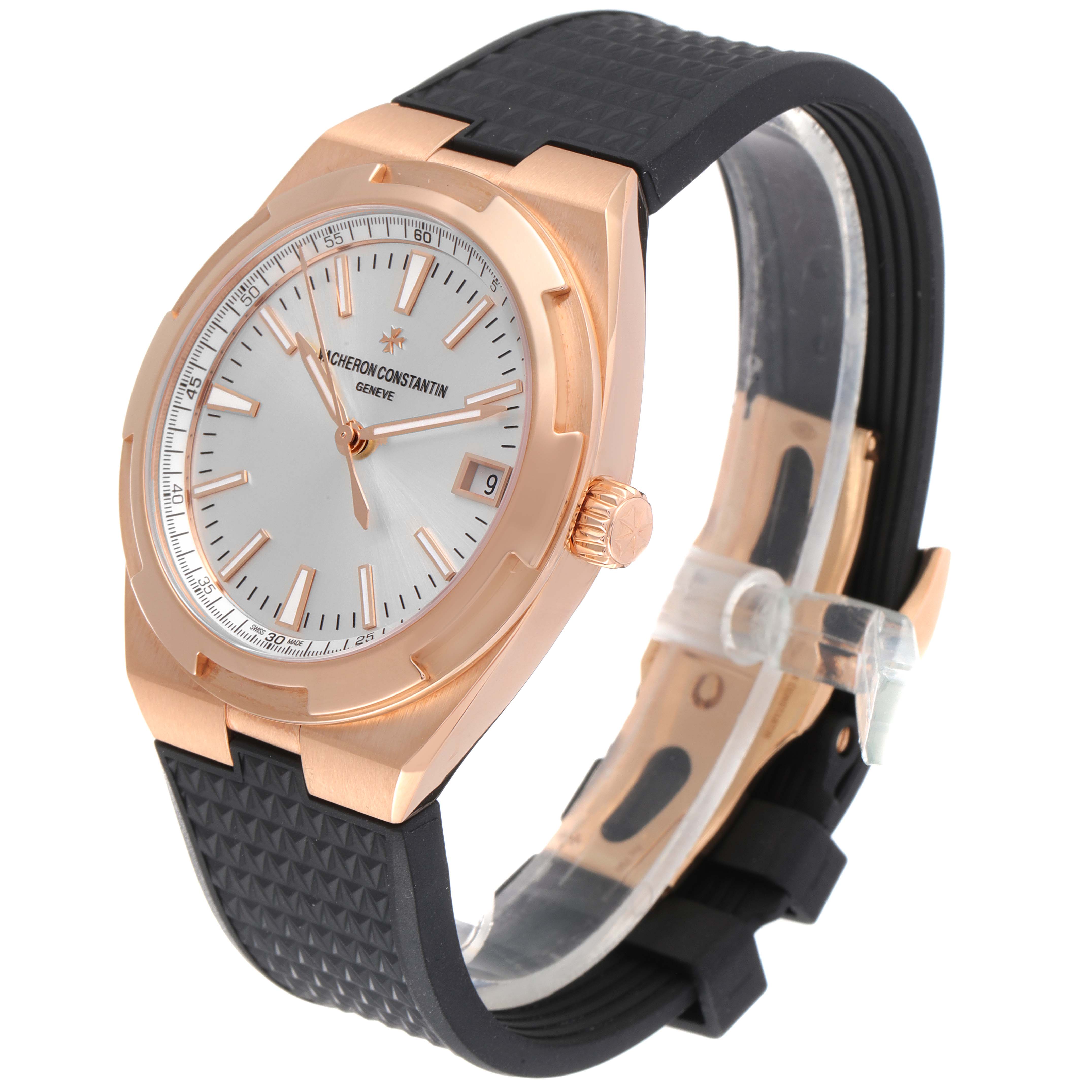 The Vacheron Constantin Overseas 4500V/000R-B127 Men's Rose Gold Silver Dial 4500V/000R-B127 Men's Rose Gold Silver Dial watch is shown at an angled view displaying the face, crown, and black strap.