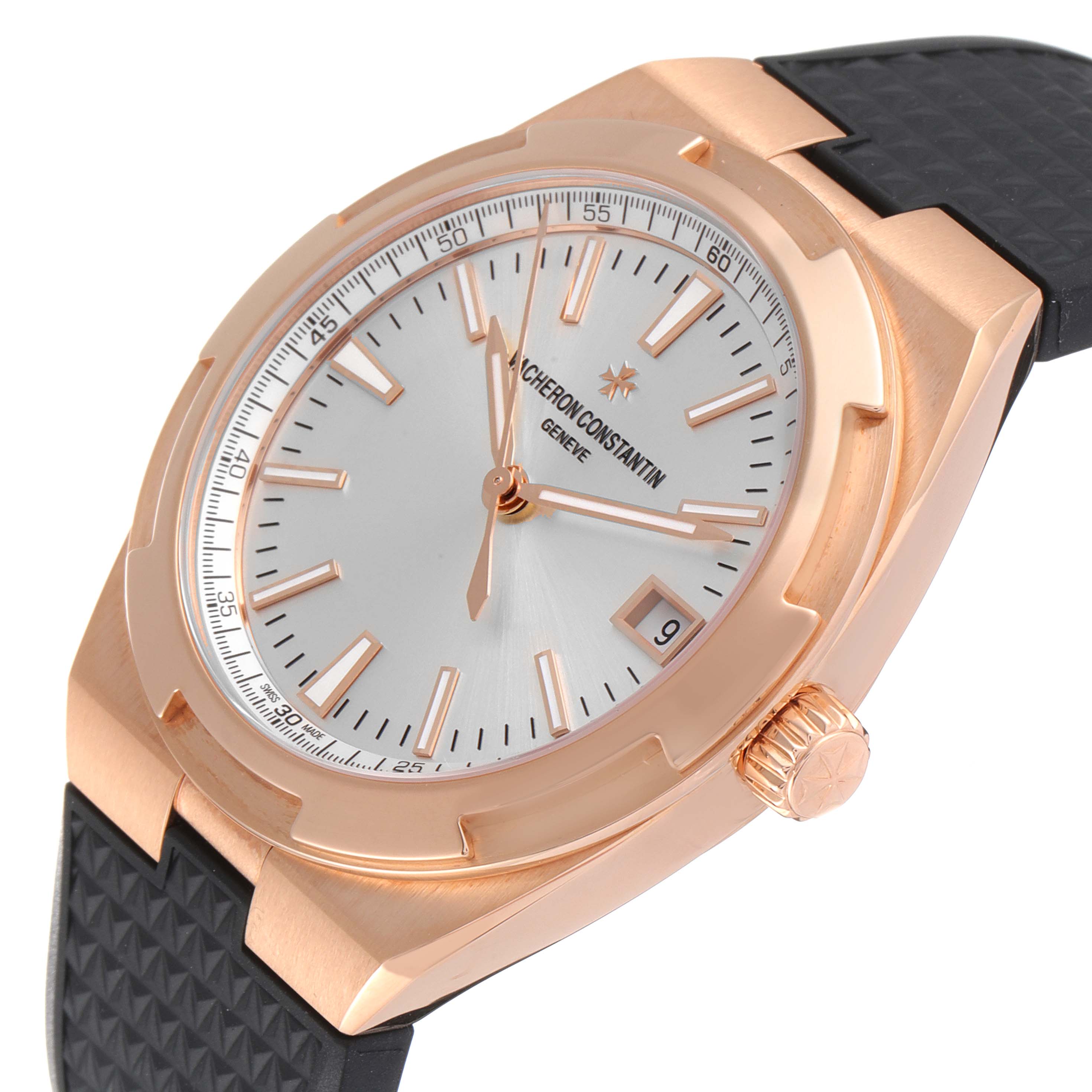 The image shows a Vacheron Constantin Overseas 4500V/000R-B127 Men's Rose Gold Silver Dial 4500V/000R-B127 Men's Rose Gold Silver Dial watch angled from the front-left, highlighting the face, crown, and part of the strap.