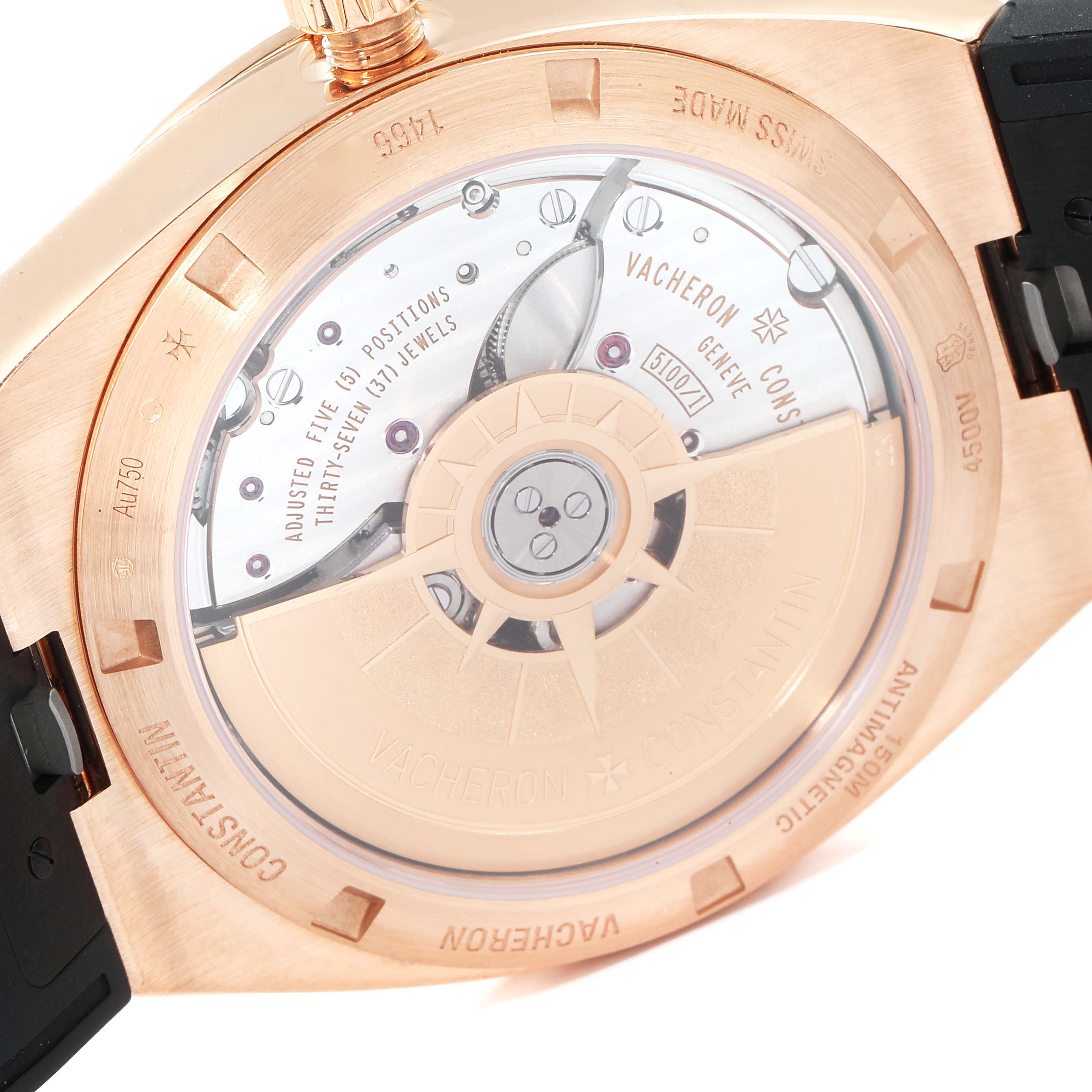 The image shows the back view of the Vacheron Constantin Overseas 4500V/000R-B127 Men's Rose Gold Silver Dial 4500V/000R-B127 Men's Rose Gold Silver Dial watch, highlighting its movement and rotor.