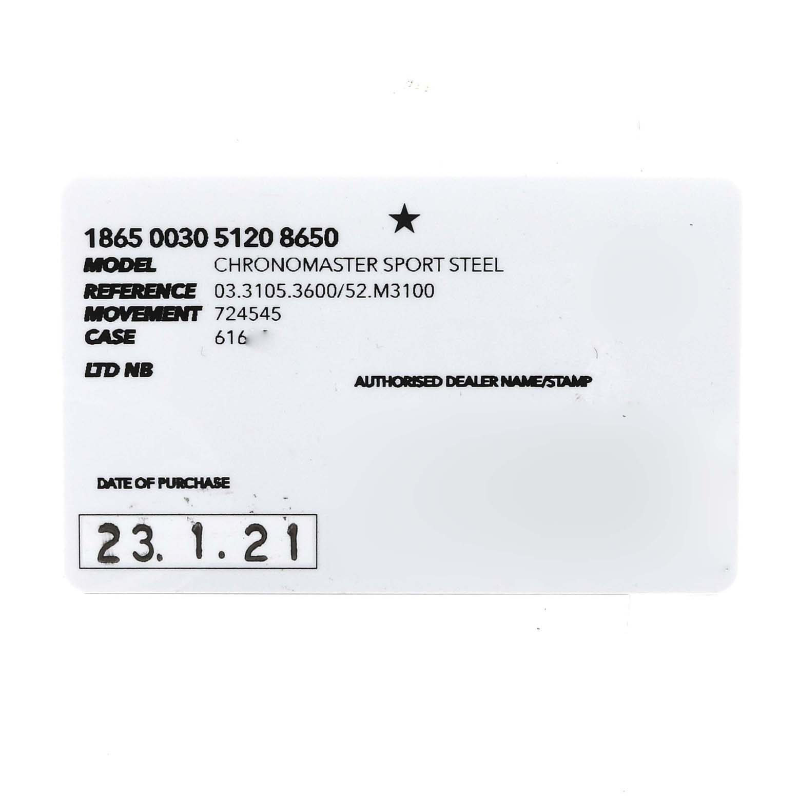 This image shows the warranty card for the Zenith El Primero Chronomaster Sport Steel model.