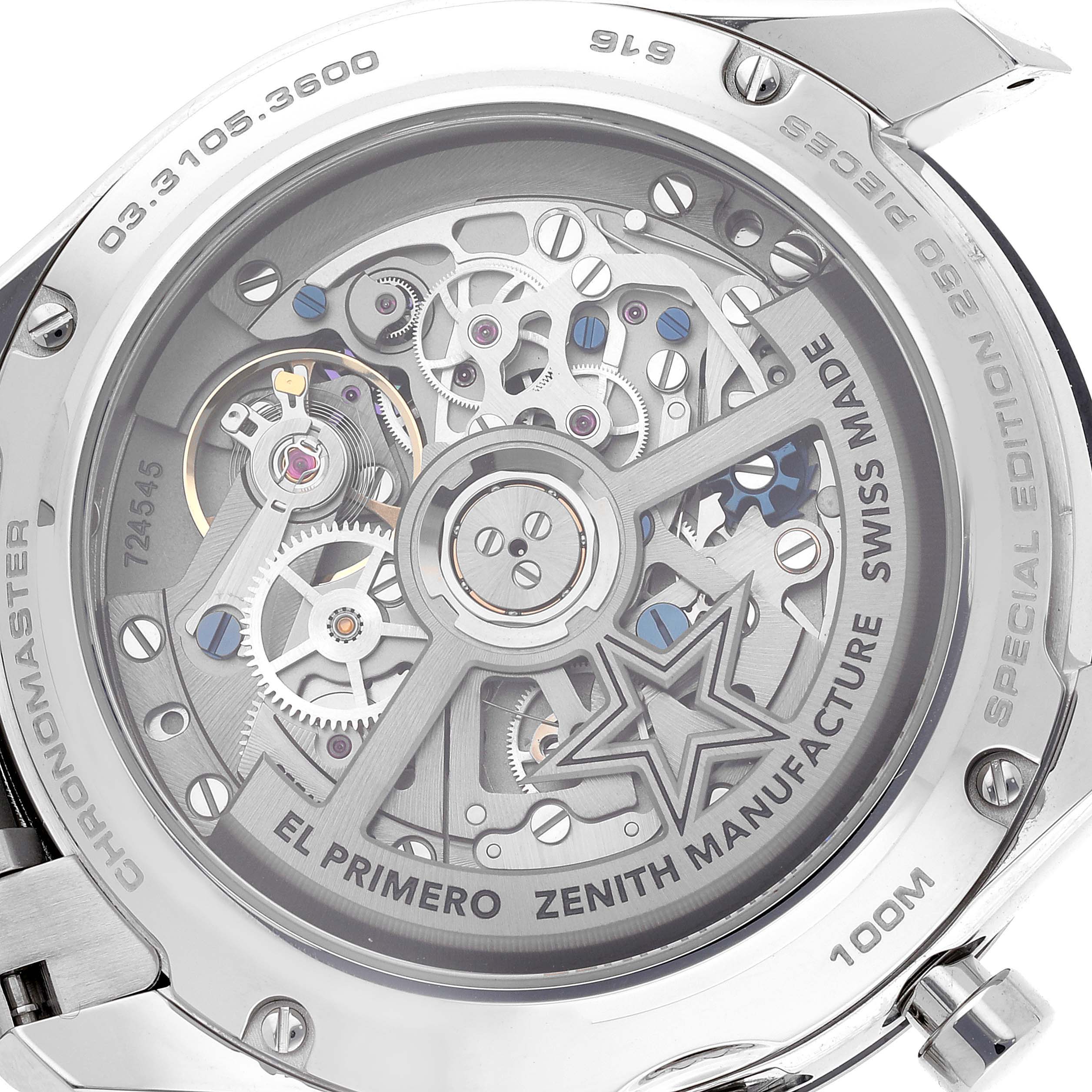 The image shows the back side of the Zenith El Primero Chronomaster watch, revealing its intricate mechanical movement.