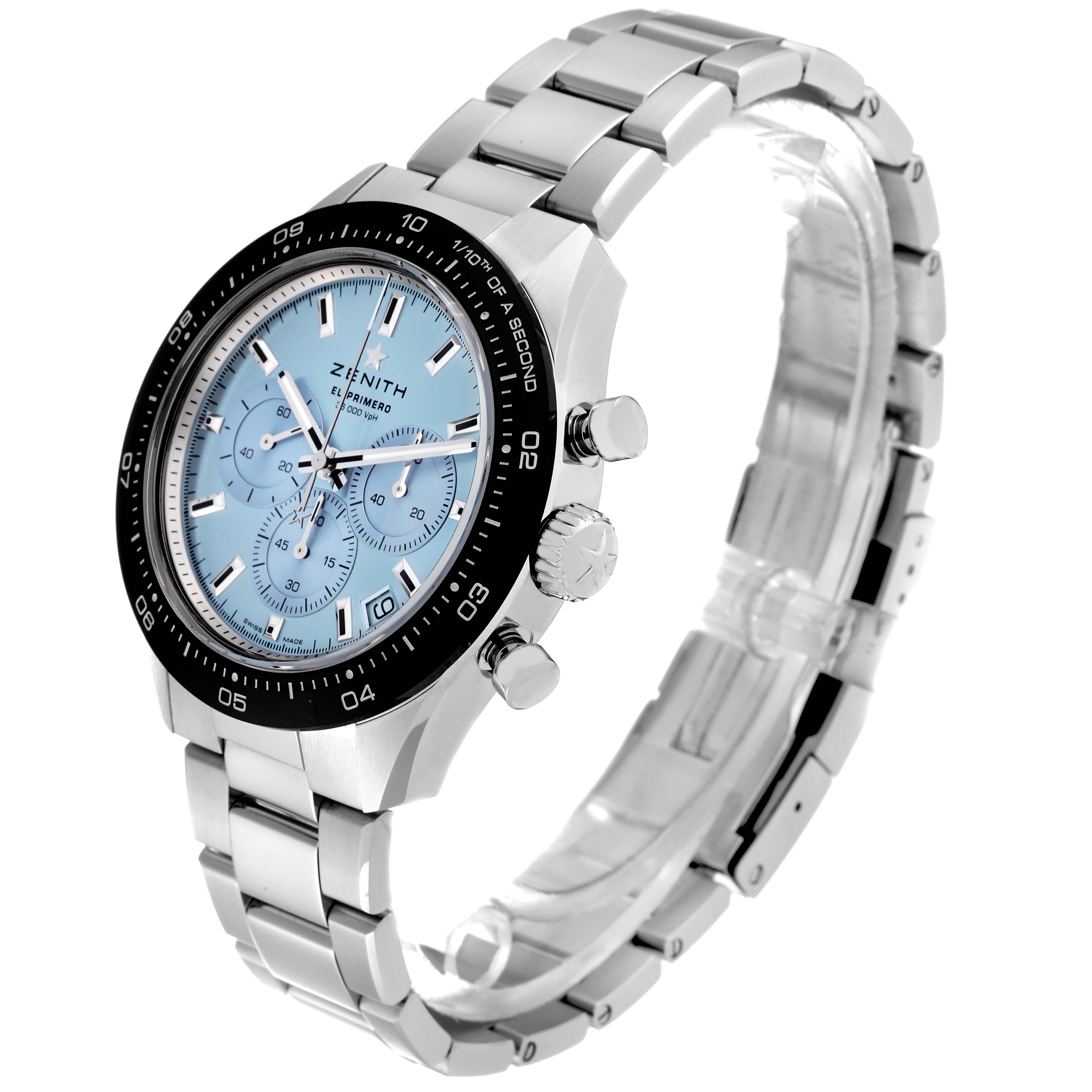 This image shows a Zenith El Primero watch at a three-quarter angle, highlighting the dial, bezel, crown, and bracelet.