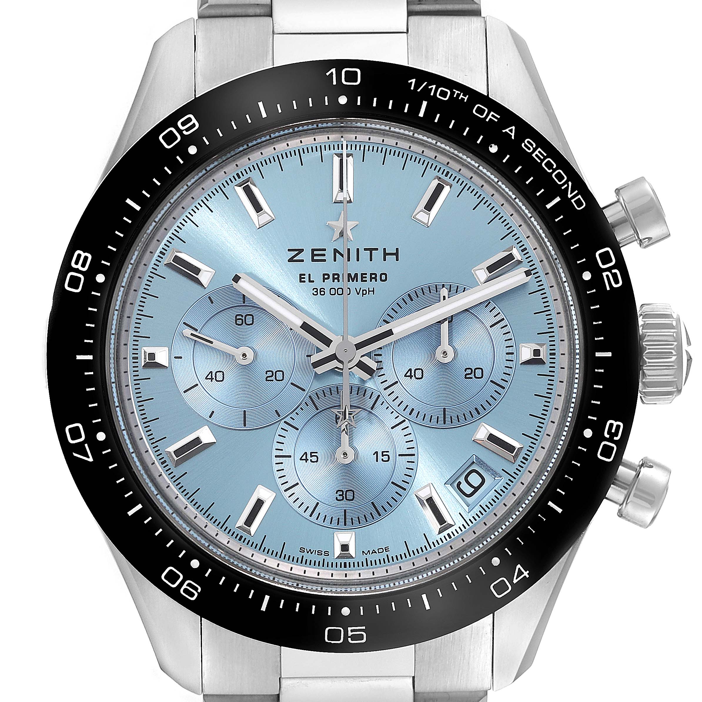 This image shows a front view of the Zenith Chronomaster 03.3105.3600/52.M3100 Men's Stainless Steel Blue Dial 03.3105.3600/52.M3100 Men's Stainless Steel Blue Dial watch, highlighting the dial, bezel, and crown.