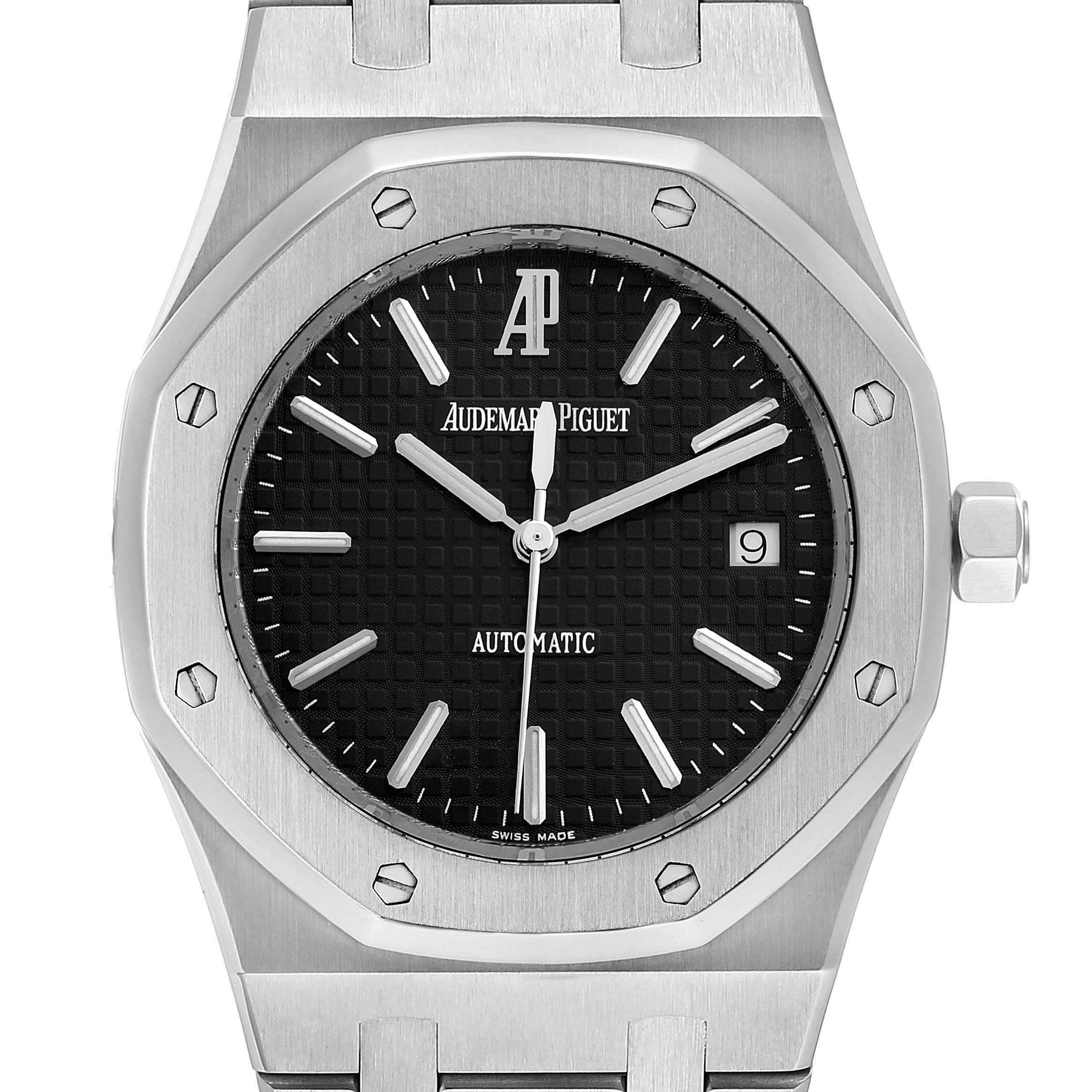 The Audemars Piguet Royal Oak 15300ST.OO.1220ST.03 Men's Stainless Steel Black Dial 15300ST.OO.1220ST.03 Men's Stainless Steel Black Dial watch is shown from the front, displaying the dial, hands, date window, bezel, and crown.