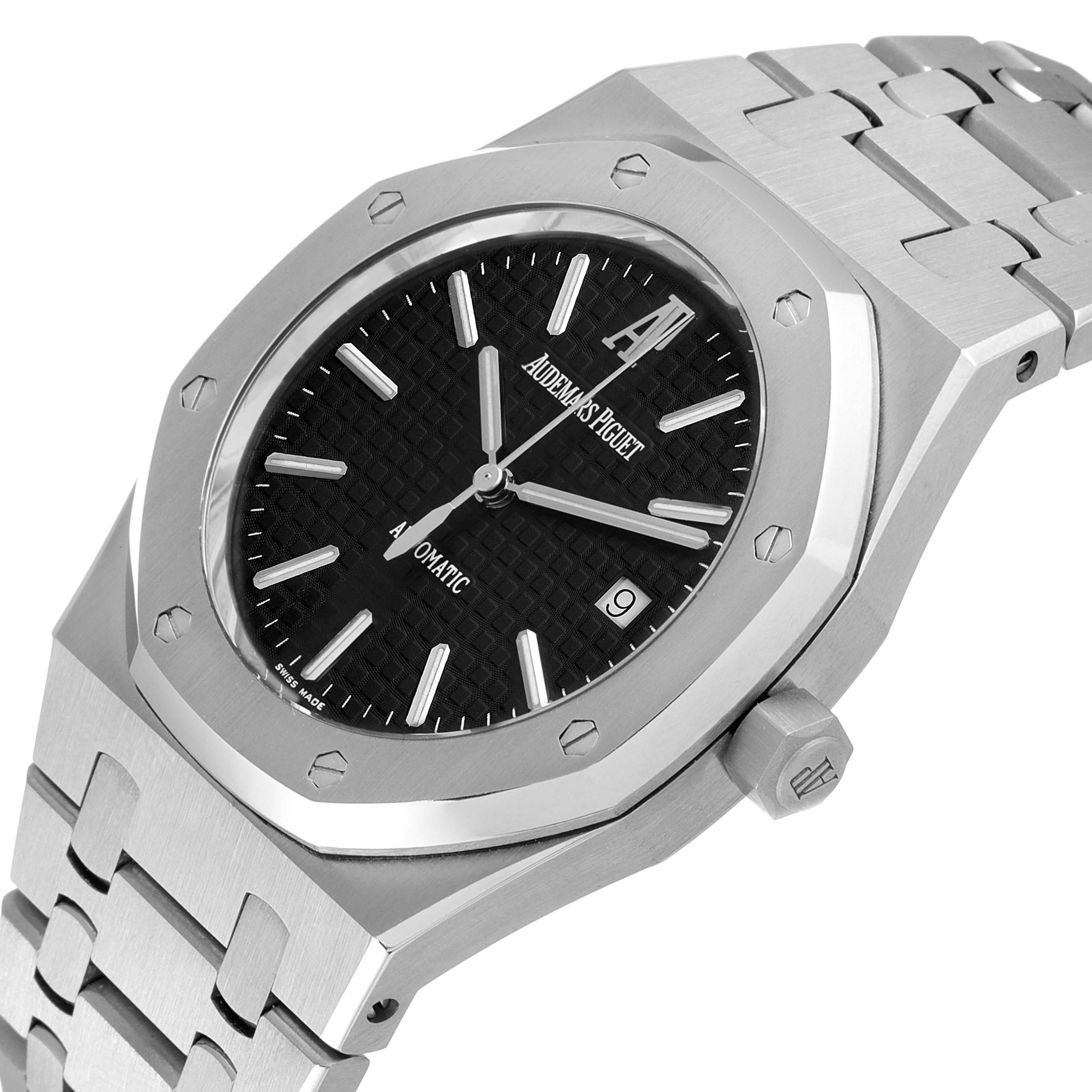 This image shows a side angle of an Audemars Piguet Royal Oak 15300ST.OO.1220ST.03 Men's Stainless Steel Black Dial 15300ST.OO.1220ST.03 Men's Stainless Steel Black Dial watch, highlighting the bezel, dial, crown, and bracelet.