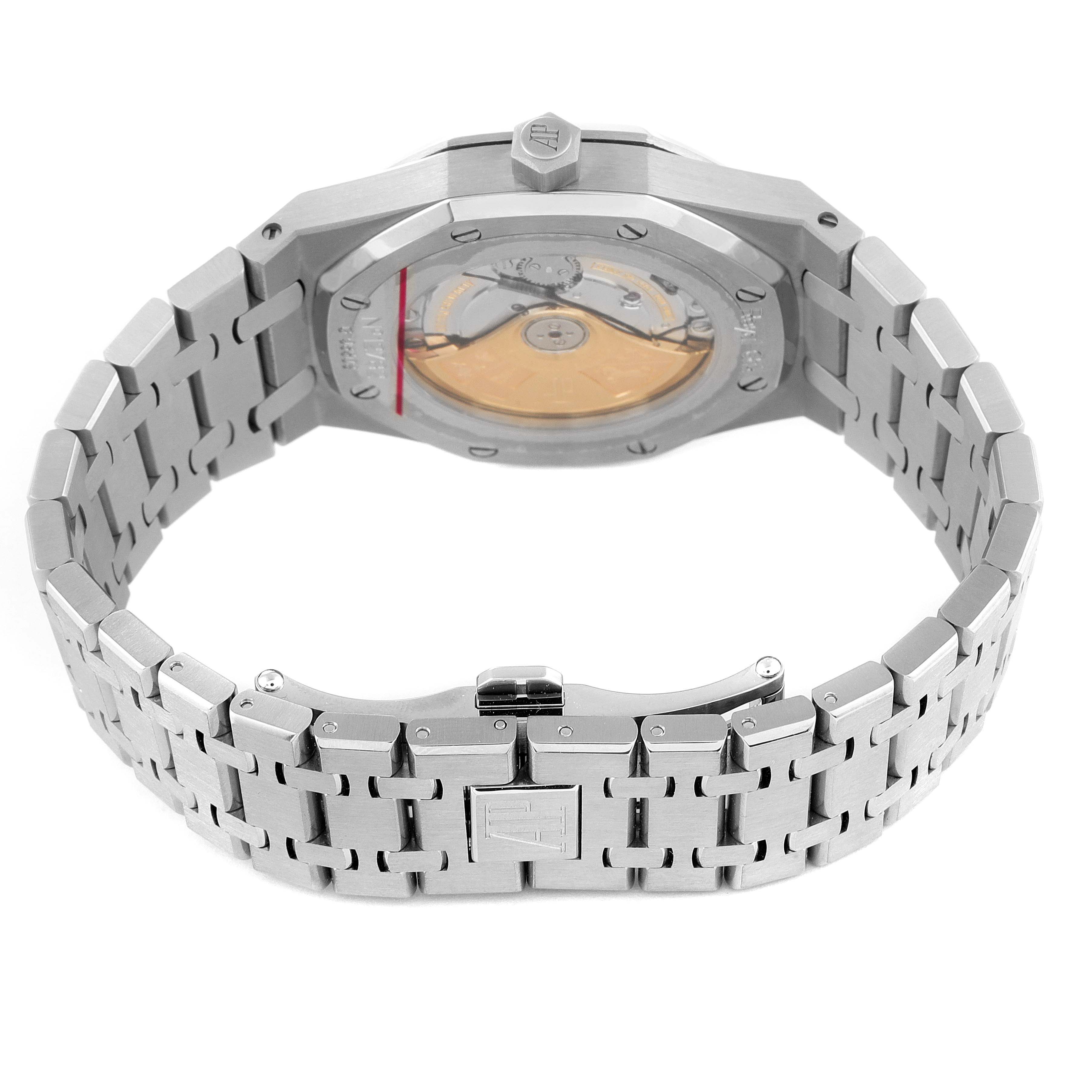 The image shows the back view of a Royal Oak model by Audemars Piguet, highlighting the case back, bracelet, and clasp.