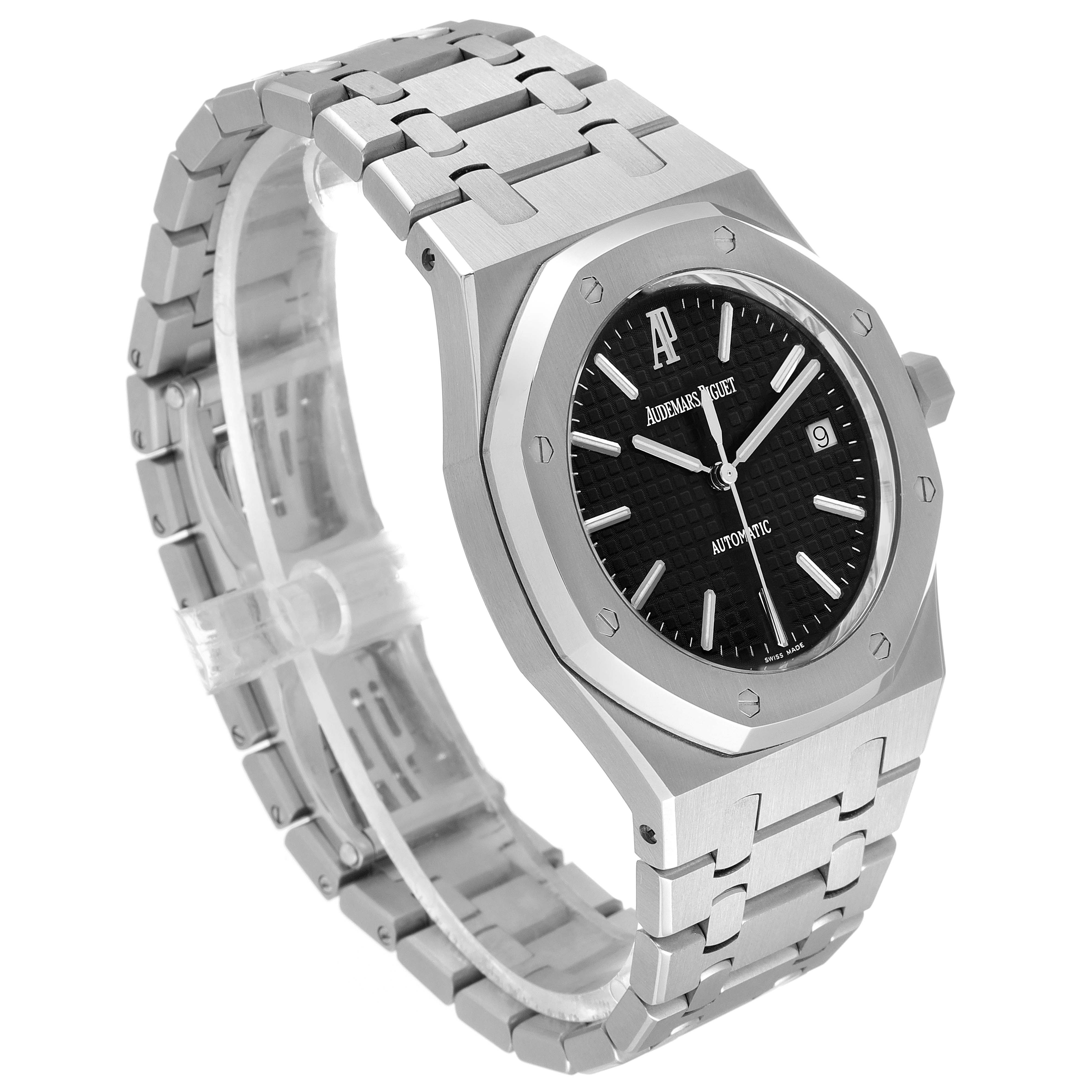 The image shows a three-quarter view of an Audemars Piguet Royal Oak 15300ST.OO.1220ST.03 Men's Stainless Steel Black Dial 15300ST.OO.1220ST.03 Men's Stainless Steel Black Dial watch, highlighting its stainless steel bracelet, case, and black dial.