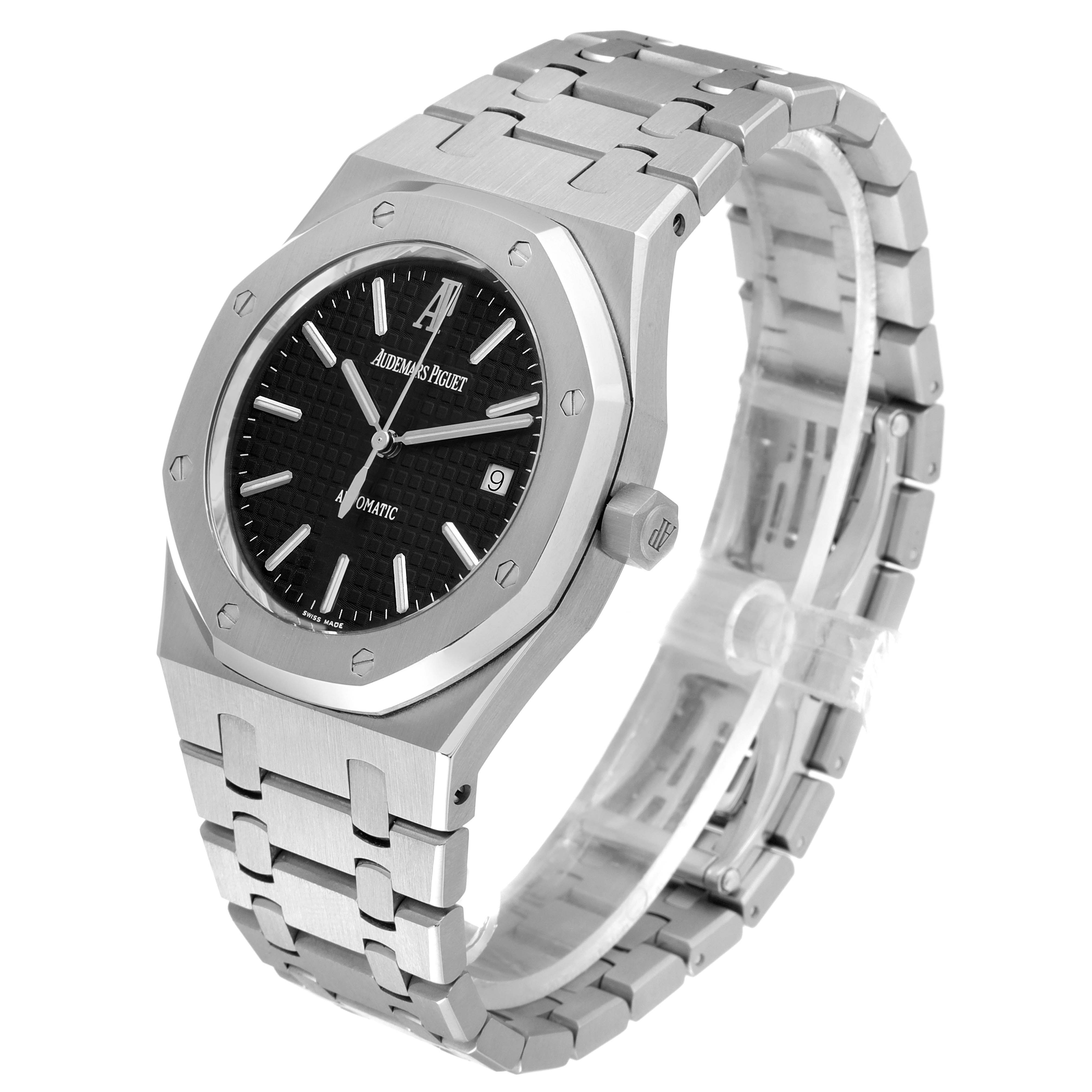 The image shows a front-side angle of an Audemars Piguet Royal Oak 15300ST.OO.1220ST.03 Men's Stainless Steel Black Dial 15300ST.OO.1220ST.03 Men's Stainless Steel Black Dial watch, highlighting its black dial, silver bracelet, and hexagonal bezel.