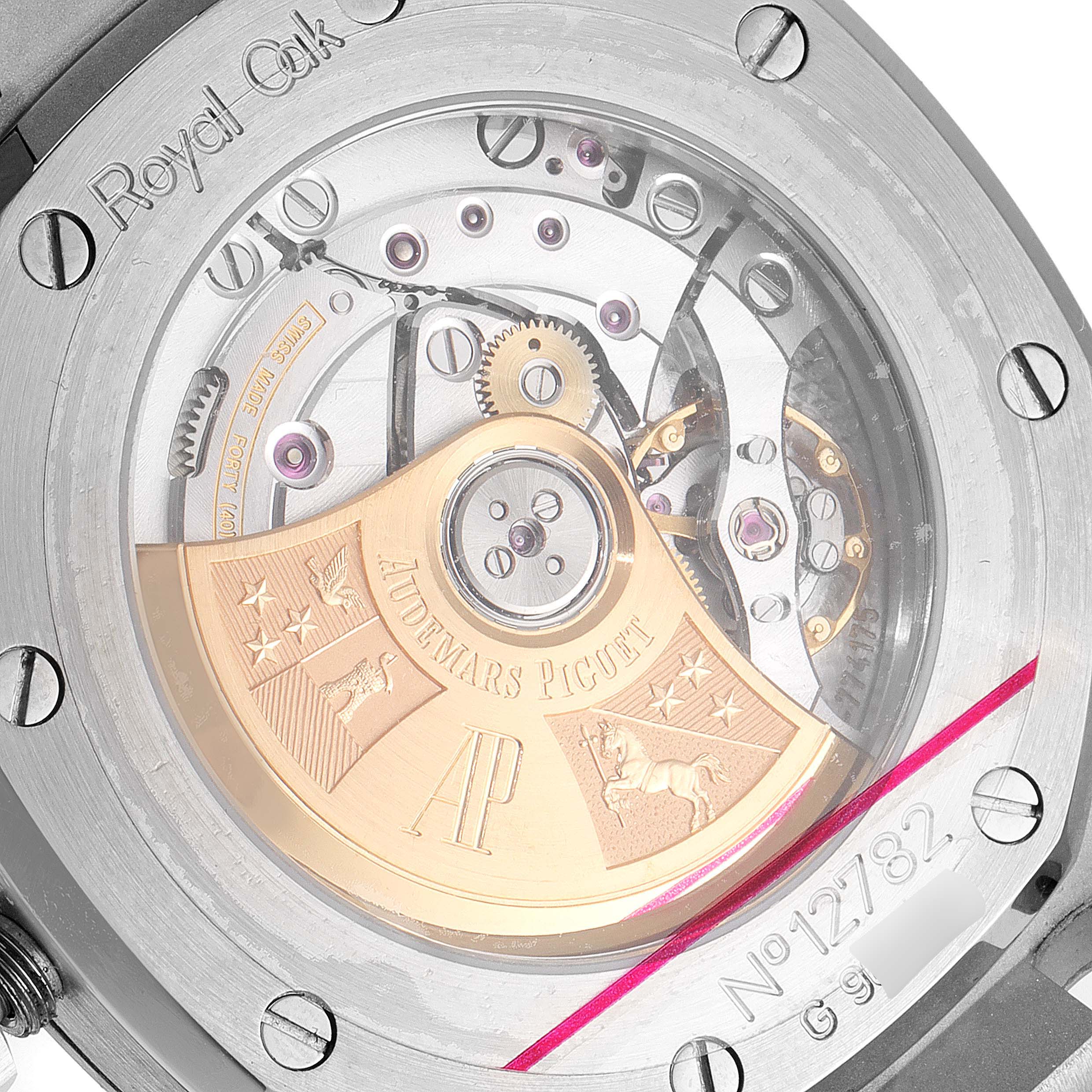 The image shows the back view of an Audemars Piguet Royal Oak 15300ST.OO.1220ST.03 Men's Stainless Steel Black Dial 15300ST.OO.1220ST.03 Men's Stainless Steel Black Dial watch, highlighting the intricate movement and rotor mechanism.