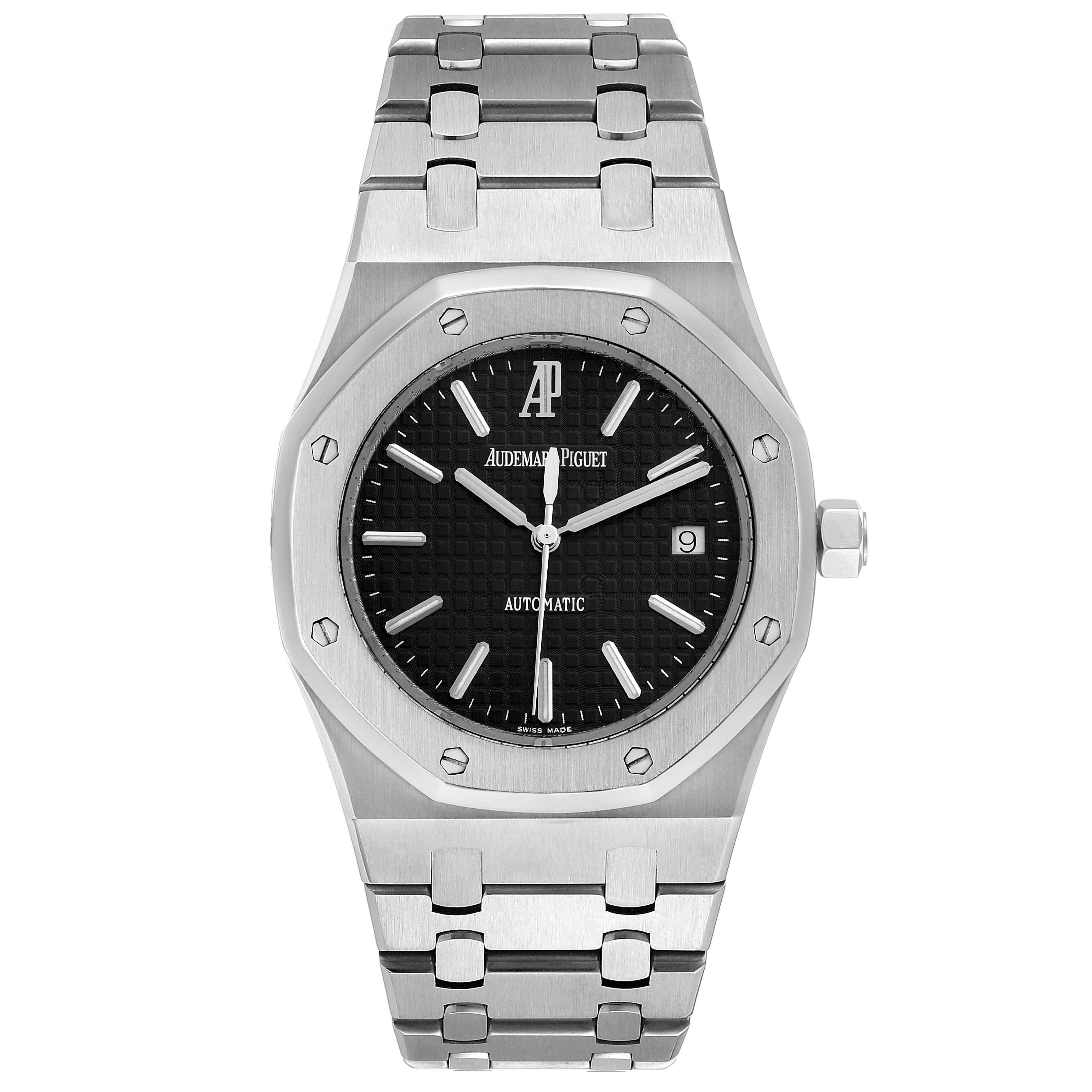 This image shows a frontal view of the Audemars Piguet Royal Oak 15300ST.OO.1220ST.03 Men's Stainless Steel Black Dial 15300ST.OO.1220ST.03 Men's Stainless Steel Black Dial watch, highlighting its dial, case, bezel, and bracelet.