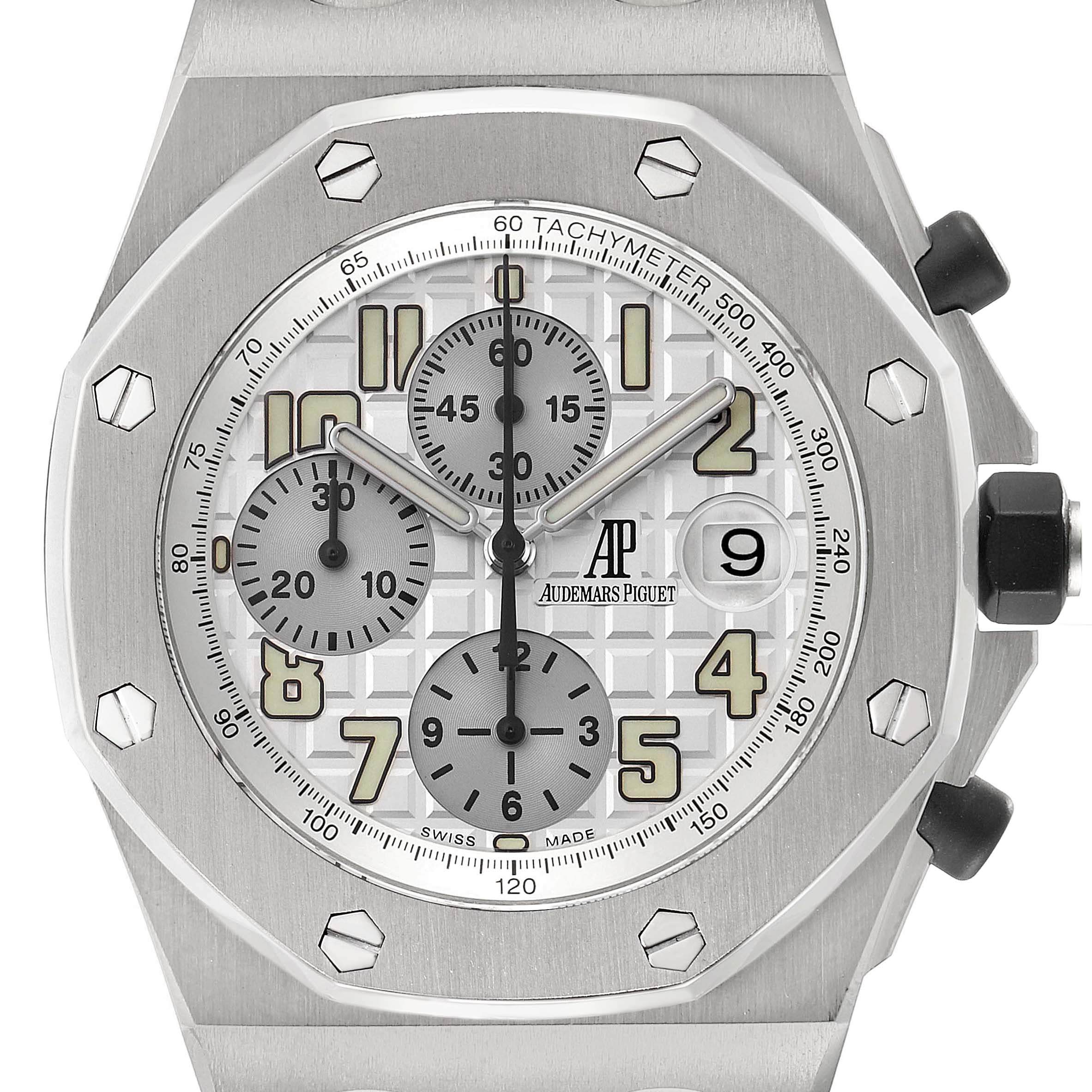 This is a front view of the Audemars Piguet Royal Oak Offshore 25721TI.OO.1000TI.05 Men's Titanium Silver Dial 25721TI.OO.1000TI.05 Men's Titanium Silver Dial model, showing the dial, bezel, and pushers.