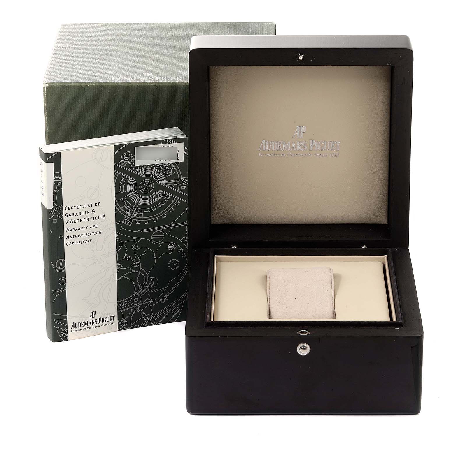 The photo shows an open luxury watch box and warranty certificate for the Audemars Piguet Royal Oak Offshore 25721TI.OO.1000TI.05 Men's Titanium Silver Dial 25721TI.OO.1000TI.05 Men's Titanium Silver Dial.