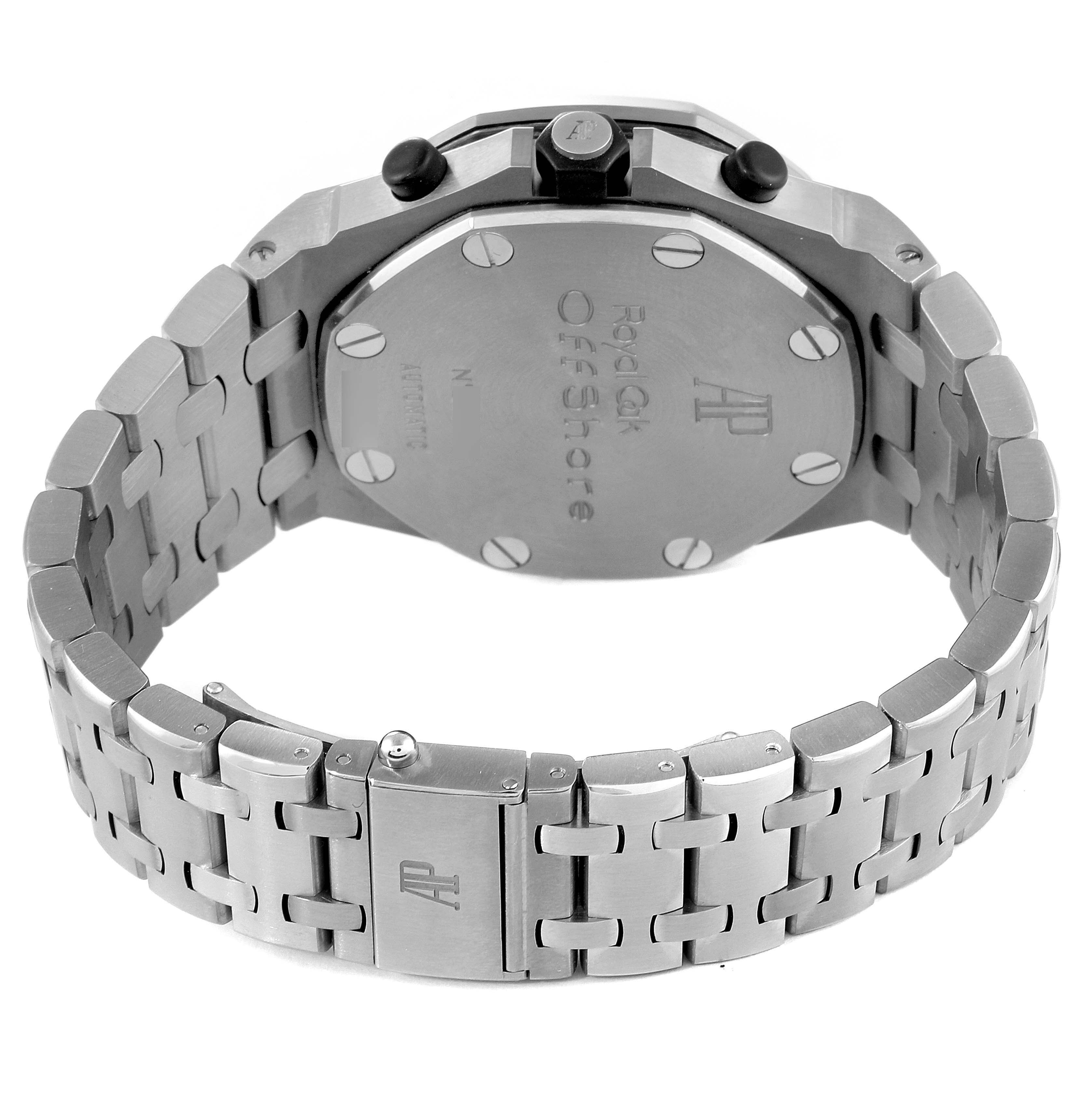 The image shows the back view of the Audemars Piguet Royal Oak Offshore 25721TI.OO.1000TI.05 Men's Titanium Silver Dial 25721TI.OO.1000TI.05 Men's Titanium Silver Dial watch, highlighting its case back and metal bracelet.