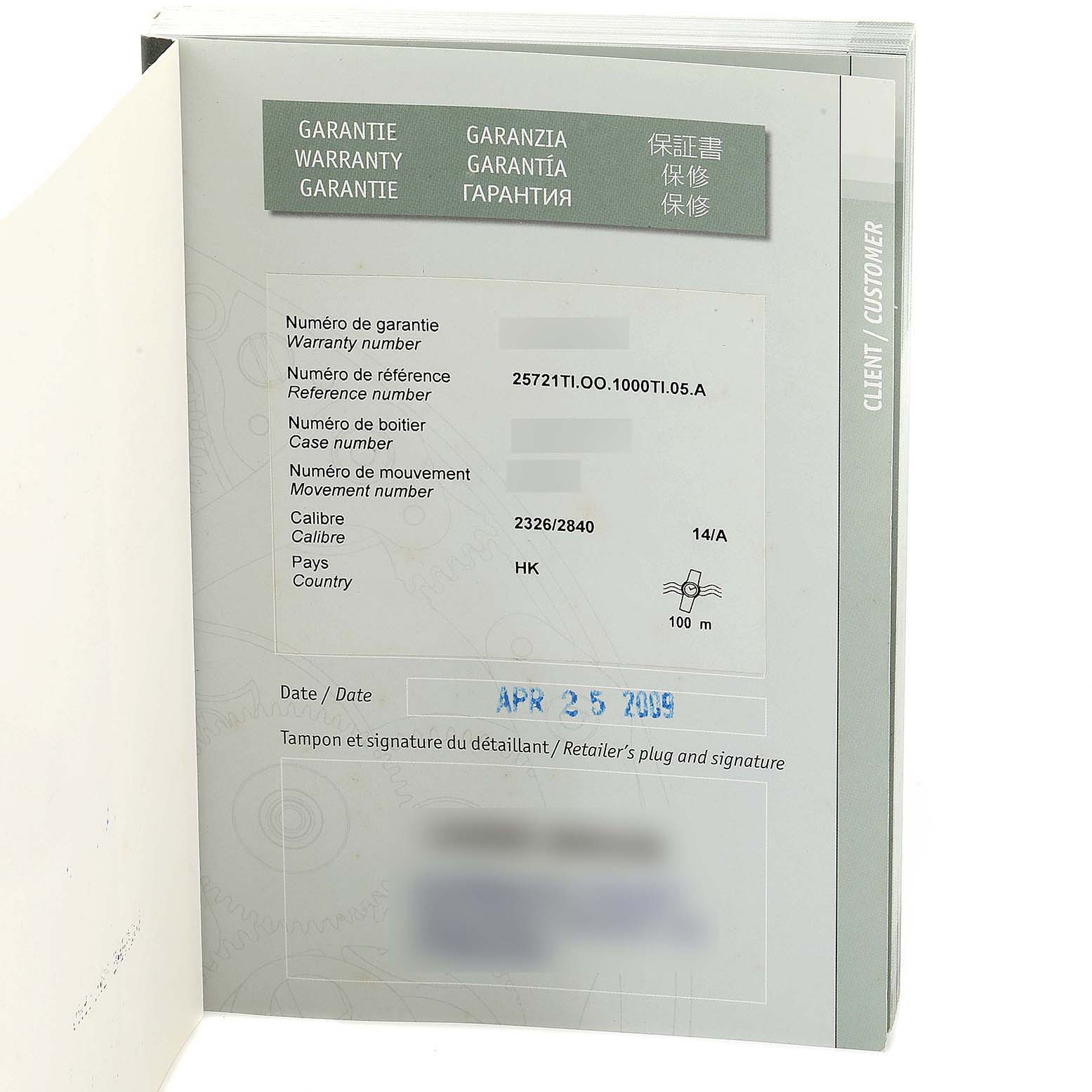 The image displays the warranty booklet for an Audemars Piguet Royal Oak Offshore 25721TI.OO.1000TI.05 Men's Titanium Silver Dial 25721TI.OO.1000TI.05 Men's Titanium Silver Dial watch, showing warranty details and purchase date.