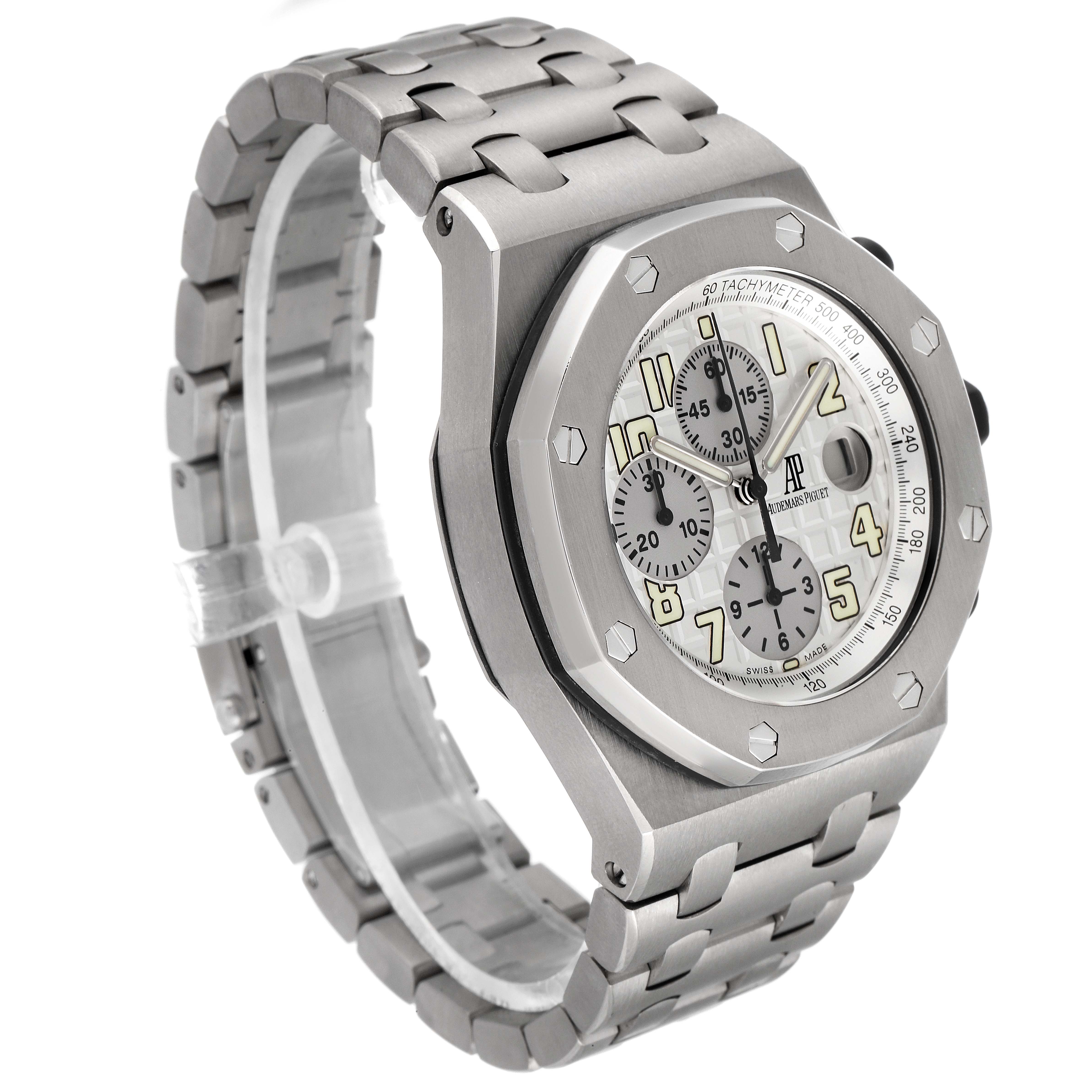 The Royal Oak Offshore by Audemars Piguet is shown at an angled view, displaying the face, bracelet, and side profile.