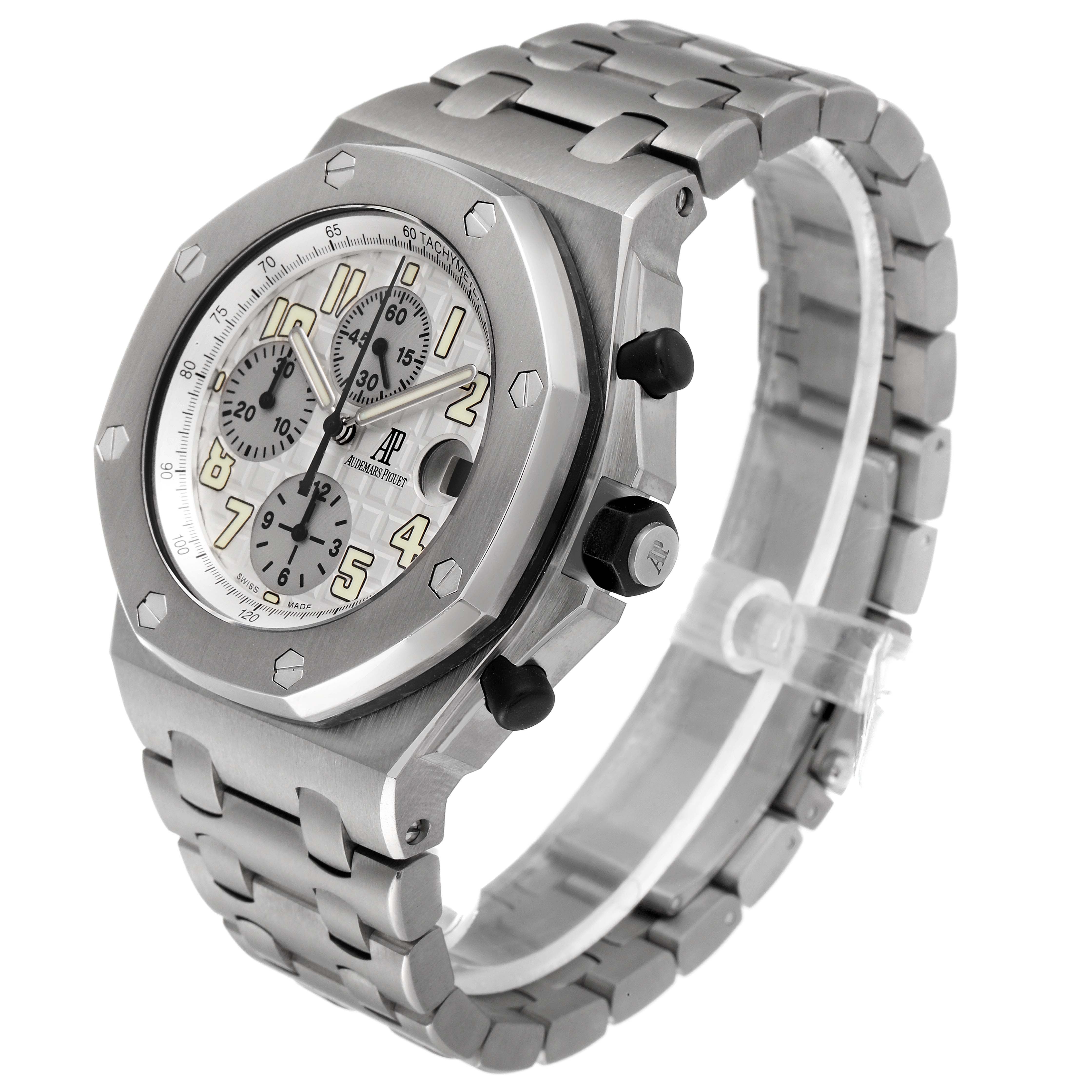 The image shows a side-angle view of an Audemars Piguet Royal Oak Offshore 25721TI.OO.1000TI.05 Men's Titanium Silver Dial 25721TI.OO.1000TI.05 Men's Titanium Silver Dial watch, featuring its face, bezel, and bracelet.