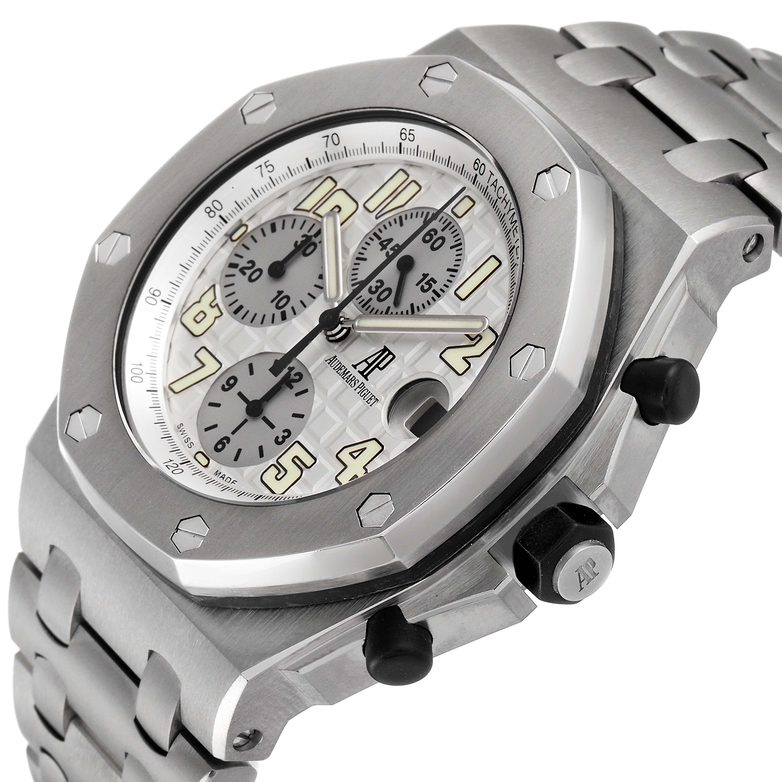 The image shows a close-up, angled view of a Royal Oak Offshore watch by Audemars Piguet, highlighting its face and side buttons.