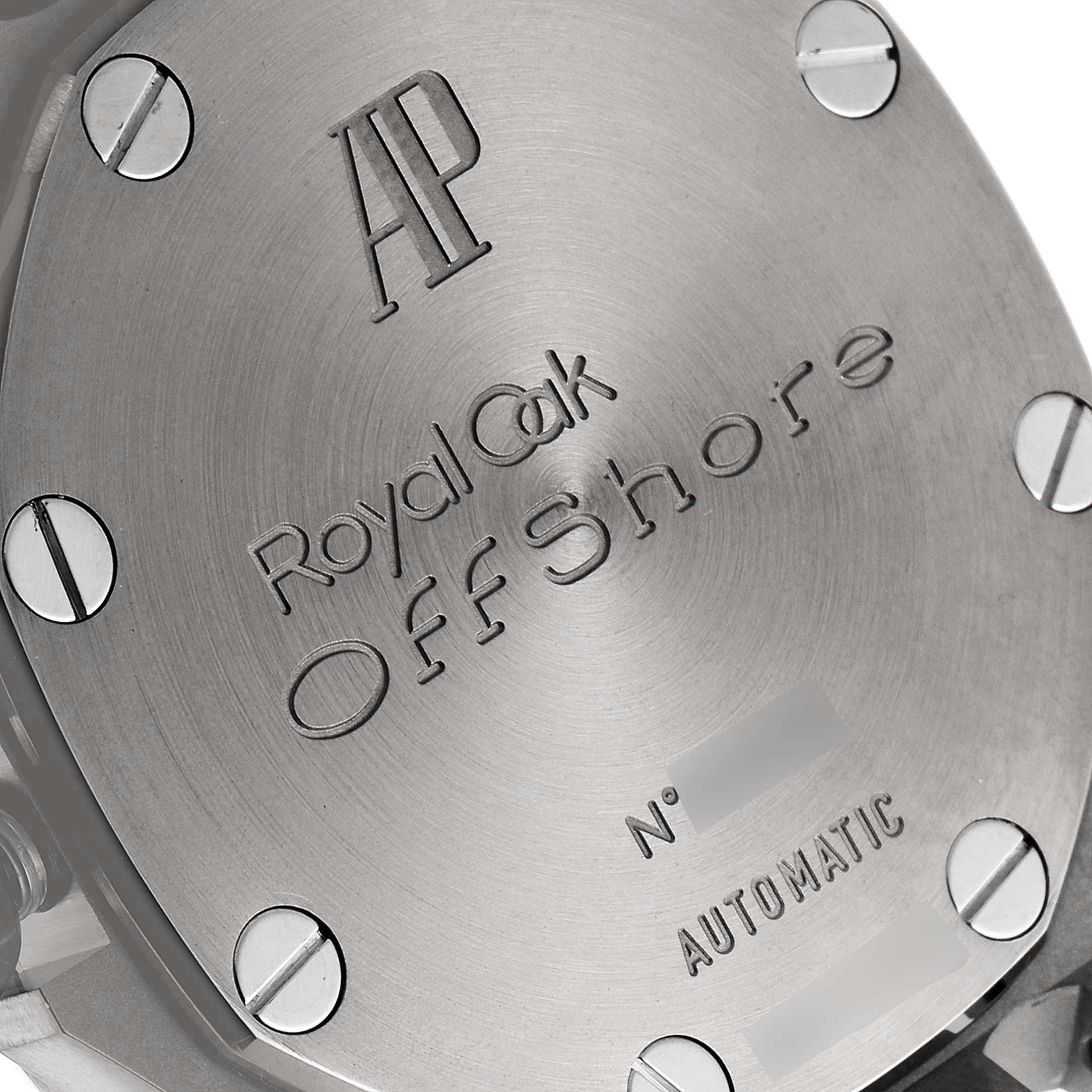 The image shows the case back of the Audemars Piguet Royal Oak Offshore 25721TI.OO.1000TI.05 Men's Titanium Silver Dial 25721TI.OO.1000TI.05 Men's Titanium Silver Dial model from a top-down angle.