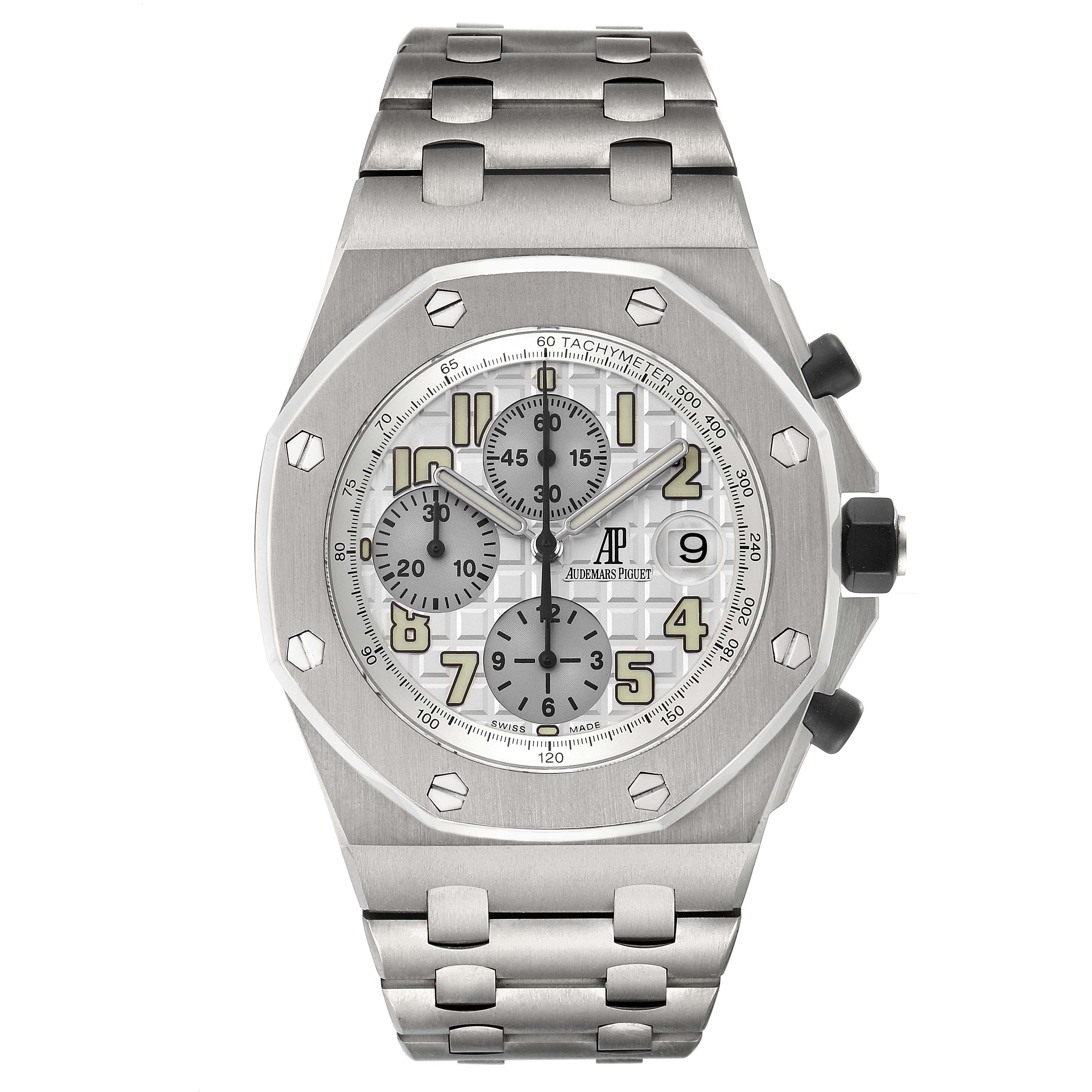 The image shows a front angle of the Audemars Piguet Royal Oak Offshore 25721TI.OO.1000TI.05 Men's Titanium Silver Dial 25721TI.OO.1000TI.05 Men's Titanium Silver Dial watch, highlighting the dial, bezel, and bracelet.