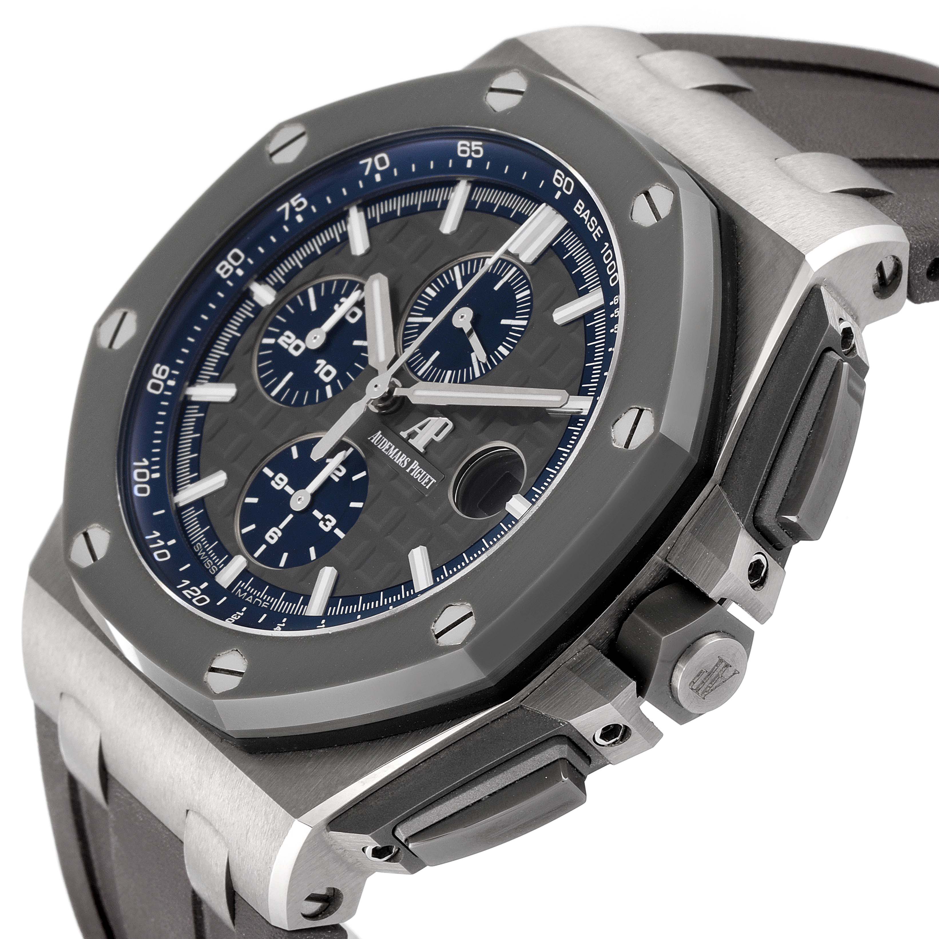 This image shows a detailed angled side view of an Audemars Piguet Royal Oak Offshore 26400IO.OO.A004CA.02 Men's Titanium Grey Dial 26400IO.OO.A004CA.02 Men's Titanium Grey Dial watch, focusing on the case, bezel, and chronograph buttons.