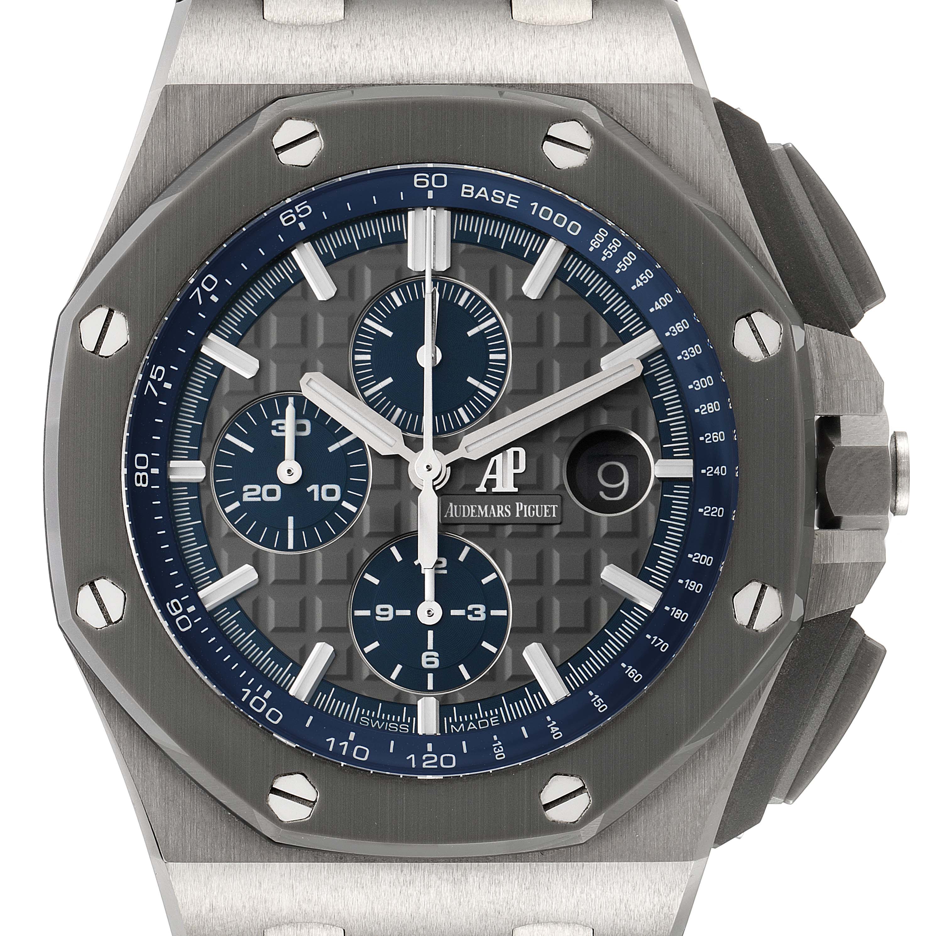 This image shows a frontal view of the Audemars Piguet Royal Oak Offshore 26400IO.OO.A004CA.02 Men's Titanium Grey Dial 26400IO.OO.A004CA.02 Men's Titanium Grey Dial watch, displaying its dial, bezel, and chronograph sub-dials.