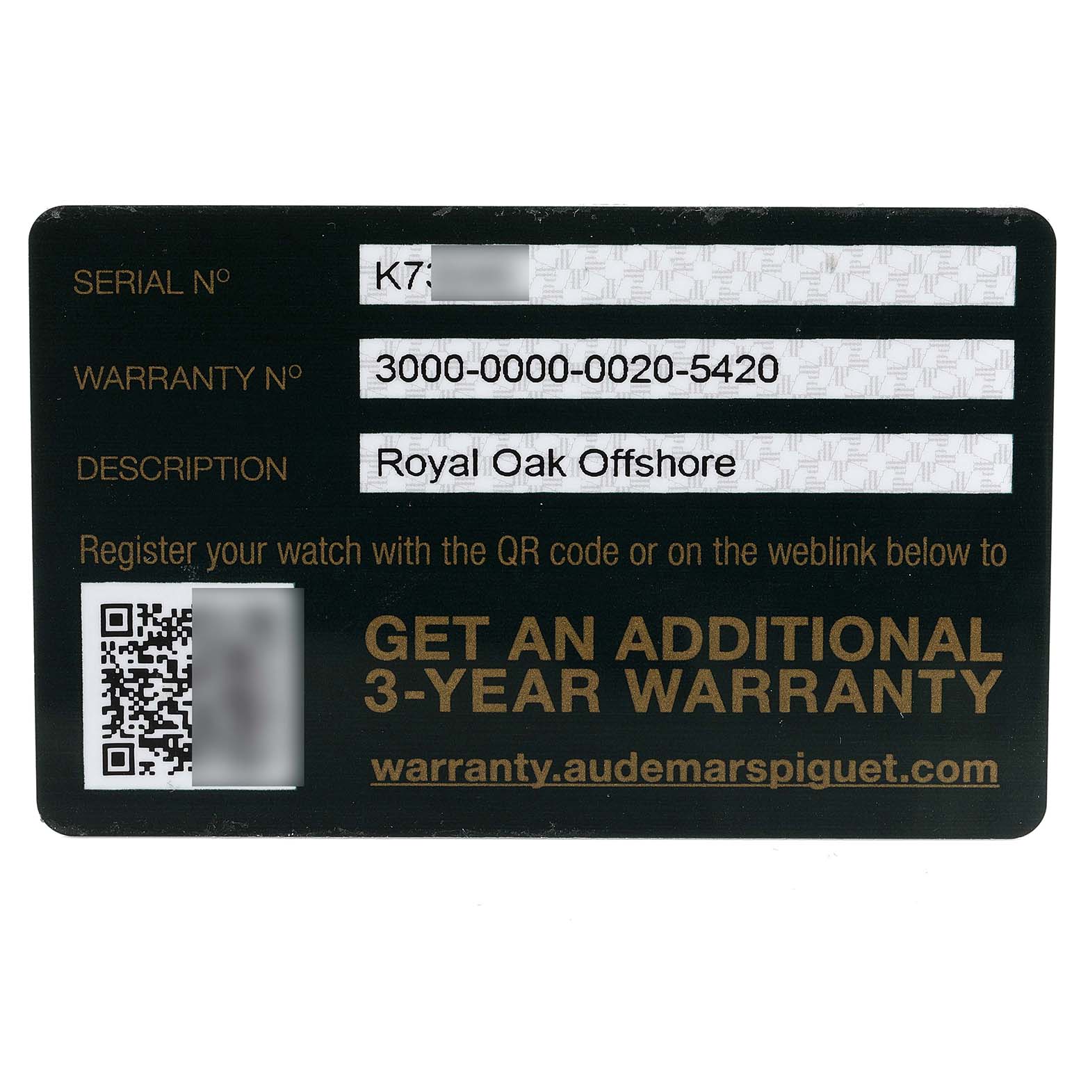 This image shows the warranty card for the Royal Oak Offshore model by Audemars Piguet.