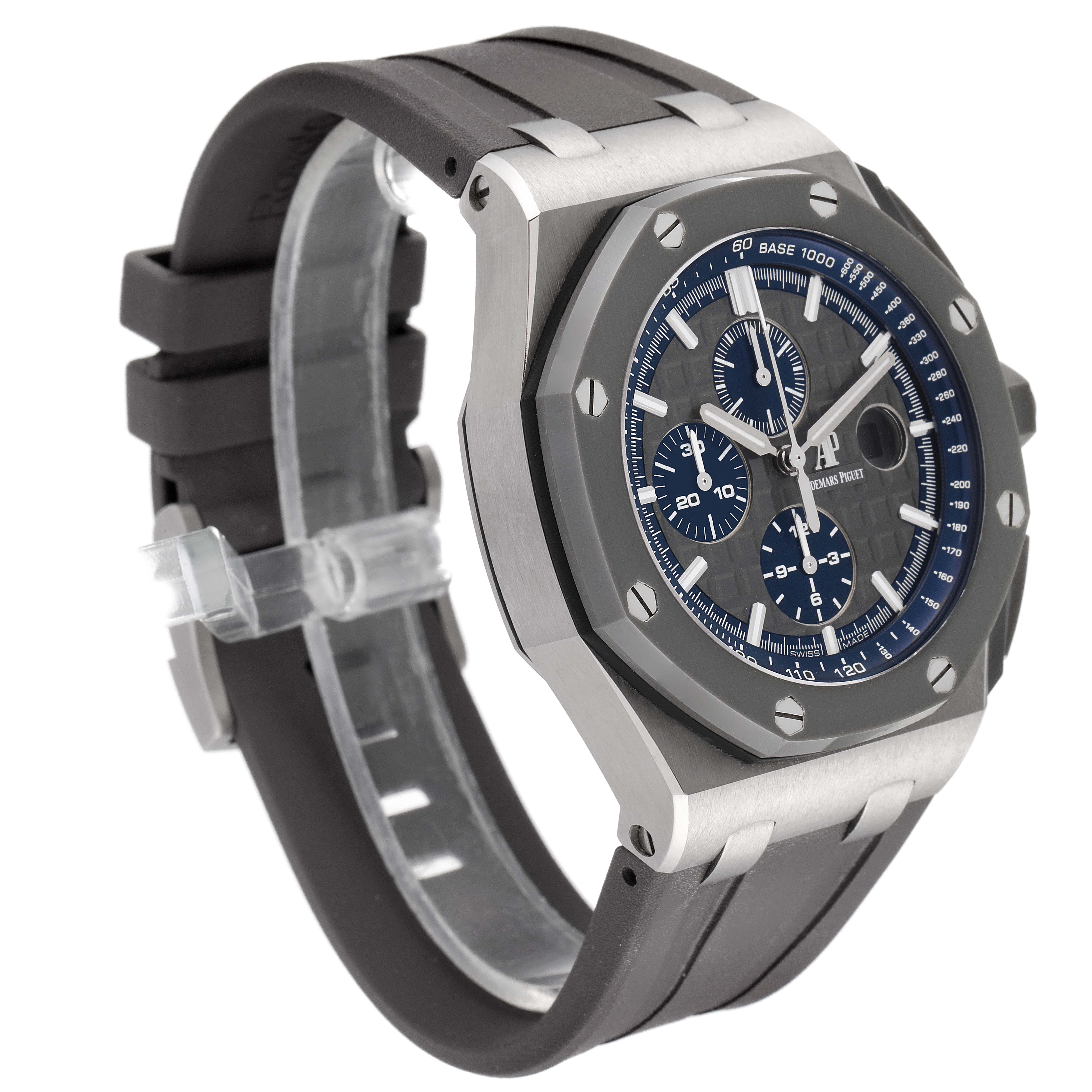 This image shows a side angle view of the Audemars Piguet Royal Oak Offshore 26400IO.OO.A004CA.02 Men's Titanium Grey Dial 26400IO.OO.A004CA.02 Men's Titanium Grey Dial watch, highlighting its case, strap, and dial.