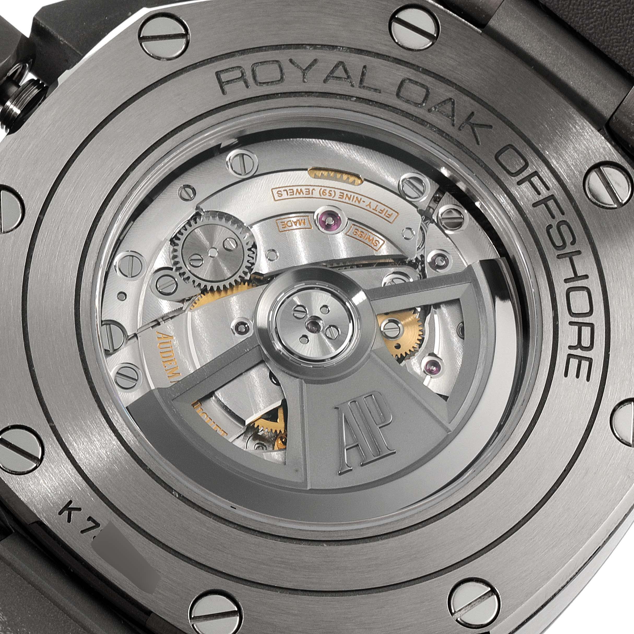 The image shows the back case and internal mechanism of the Royal Oak Offshore model by Audemars Piguet.
