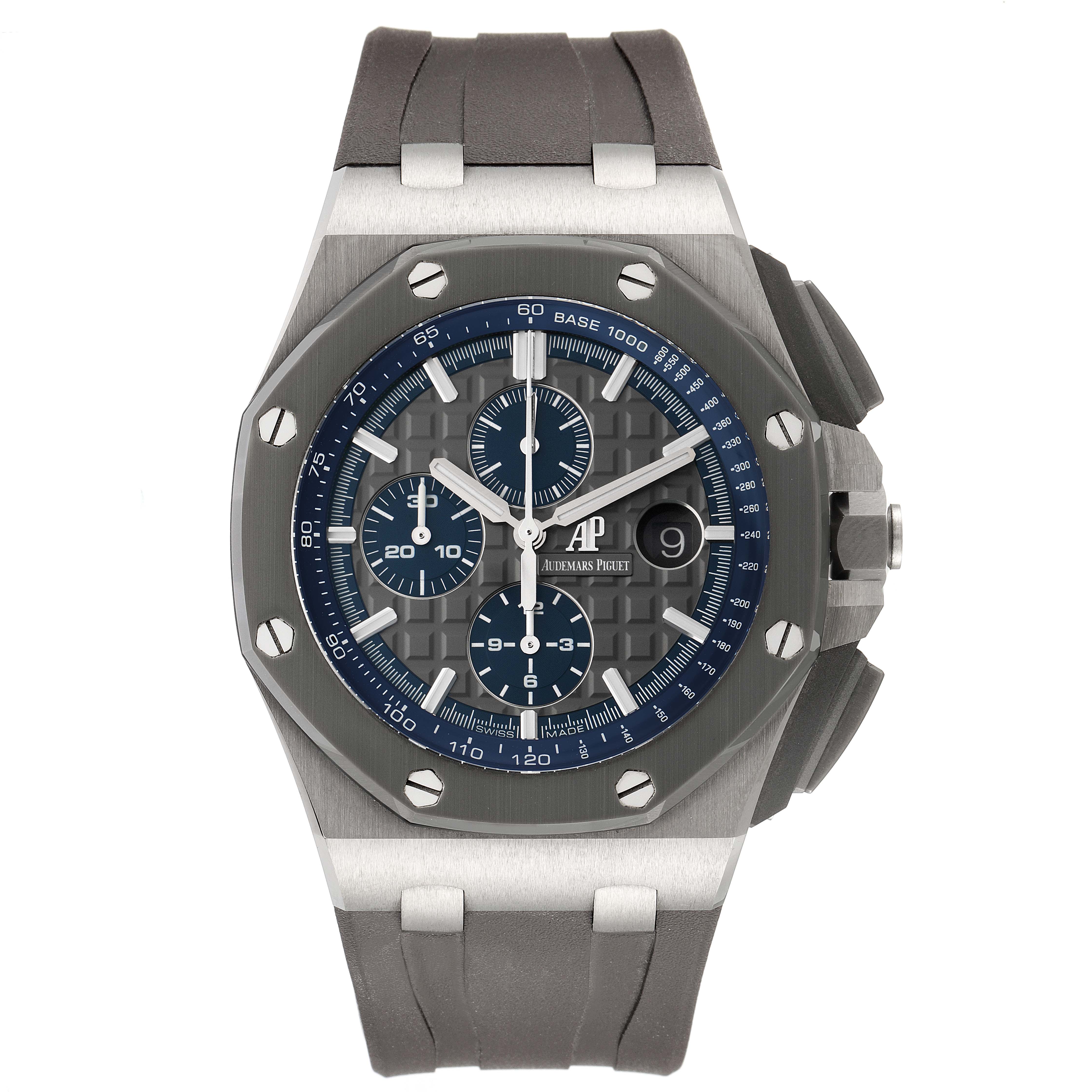 The image shows a front view of the Audemars Piguet Royal Oak Offshore 26400IO.OO.A004CA.02 Men's Titanium Grey Dial 26400IO.OO.A004CA.02 Men's Titanium Grey Dial watch, highlighting the dial, bezel, and strap.
