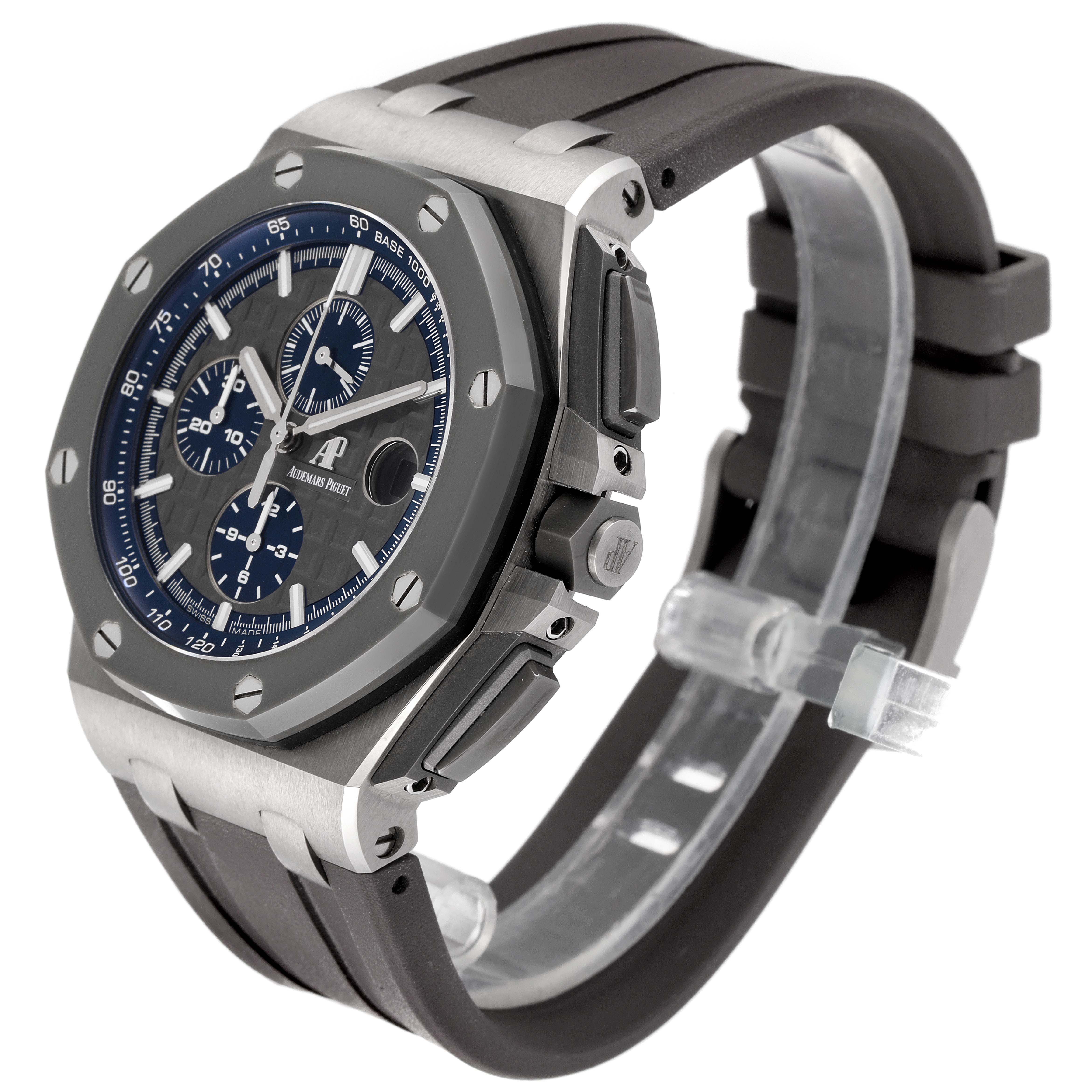 The image shows a side angle of the Audemars Piguet Royal Oak Offshore 26400IO.OO.A004CA.02 Men's Titanium Grey Dial 26400IO.OO.A004CA.02 Men's Titanium Grey Dial watch, highlighting its face, bezel, and strap.