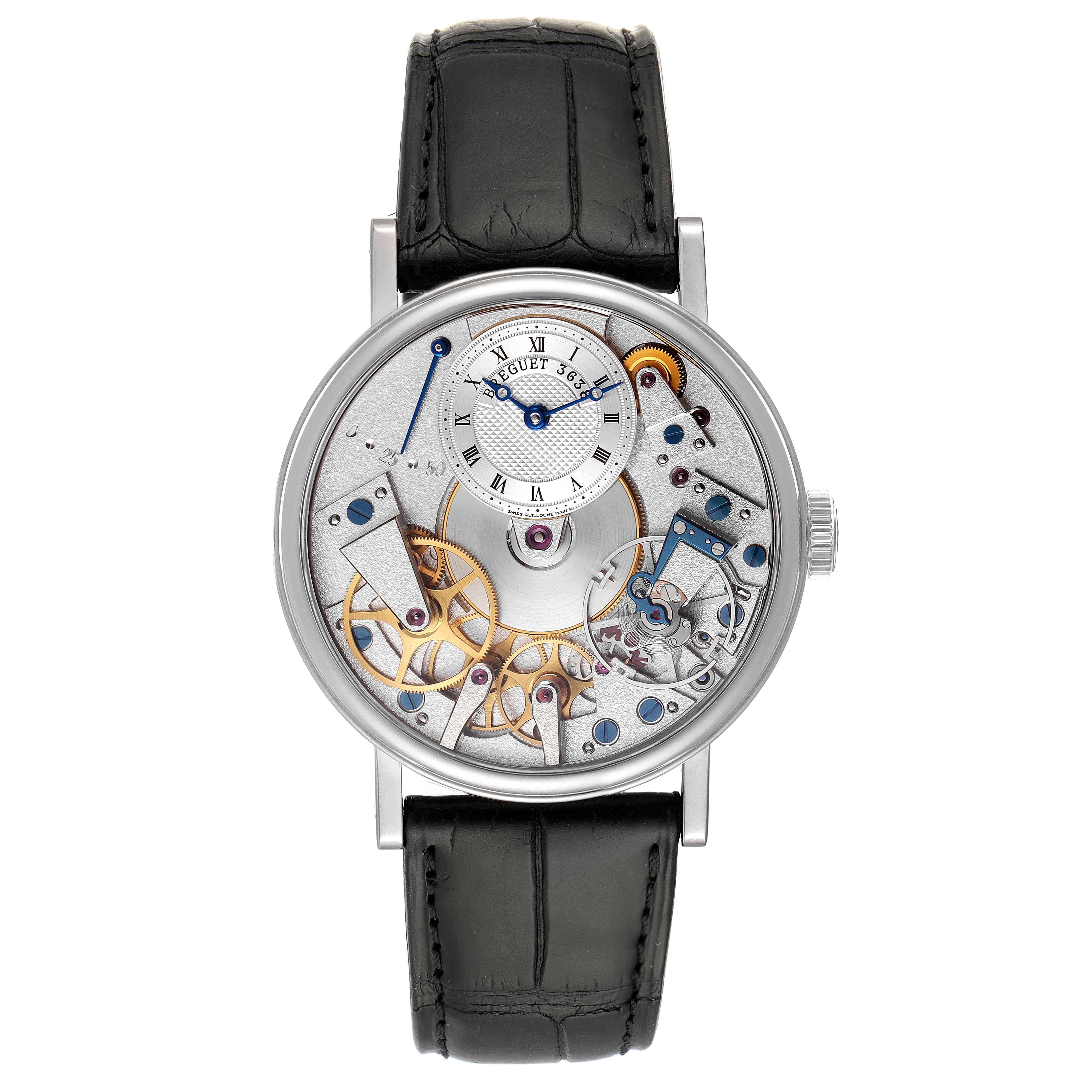 The image shows a frontal view of the Breguet Tradition 7027BB/11/9V6 Men's White Gold Transparent Dial 7027BB/11/9V6 Men's White Gold Transparent Dial model watch, displaying its intricate mechanical movements and black leather strap.