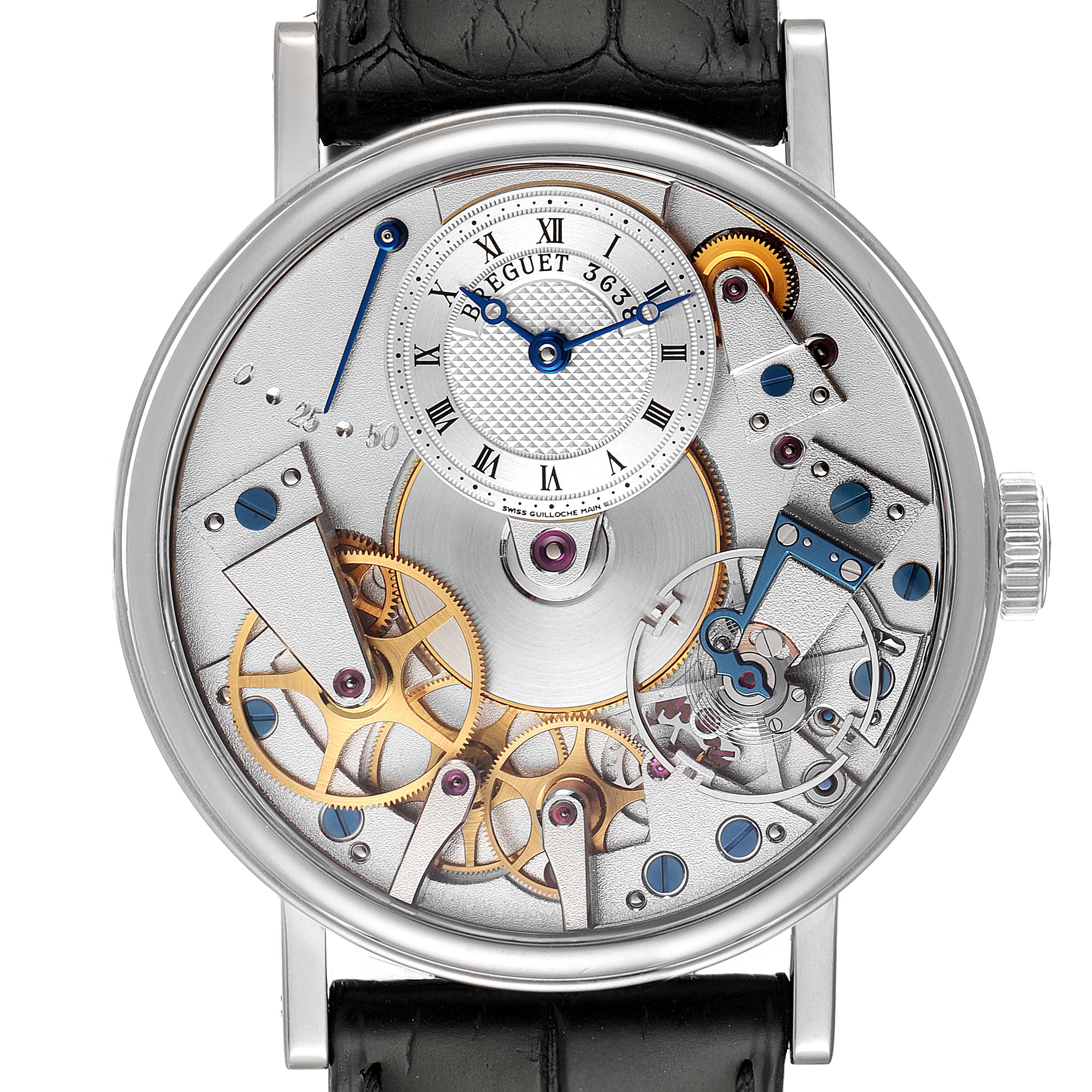 This Breguet Tradition 7027BB/11/9V6 Men's White Gold Transparent Dial 7027BB/11/9V6 Men's White Gold Transparent Dial model watch is shown from a front angle, highlighting its intricate mechanical parts.
