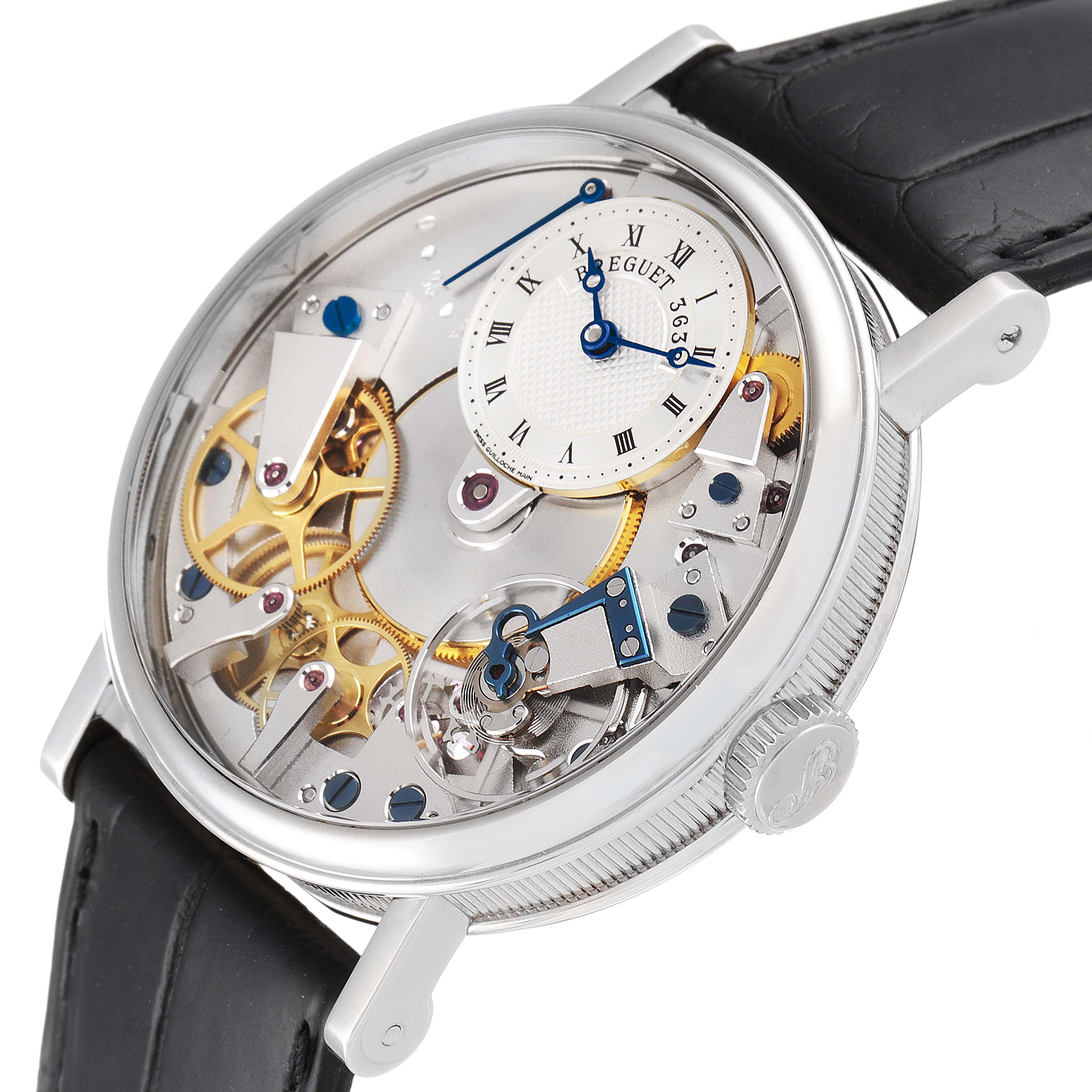 This image shows a Breguet Tradition 7027BB/11/9V6 Men's White Gold Transparent Dial 7027BB/11/9V6 Men's White Gold Transparent Dial model watch from an angled view, highlighting the intricate gears, dial, and strap.