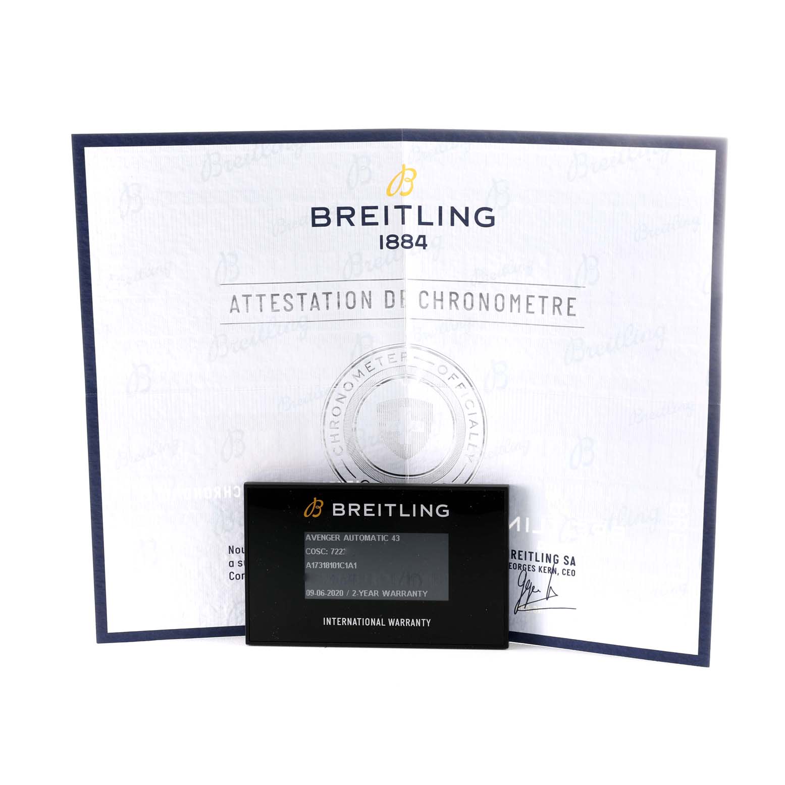 The image shows the Chronometer Certificate and International Warranty card for the Breitling Avenger A17318101C1A1 Men's Stainless Steel Blue Dial A17318101C1A1 Men's Stainless Steel Blue Dial Automatic 43 watch.