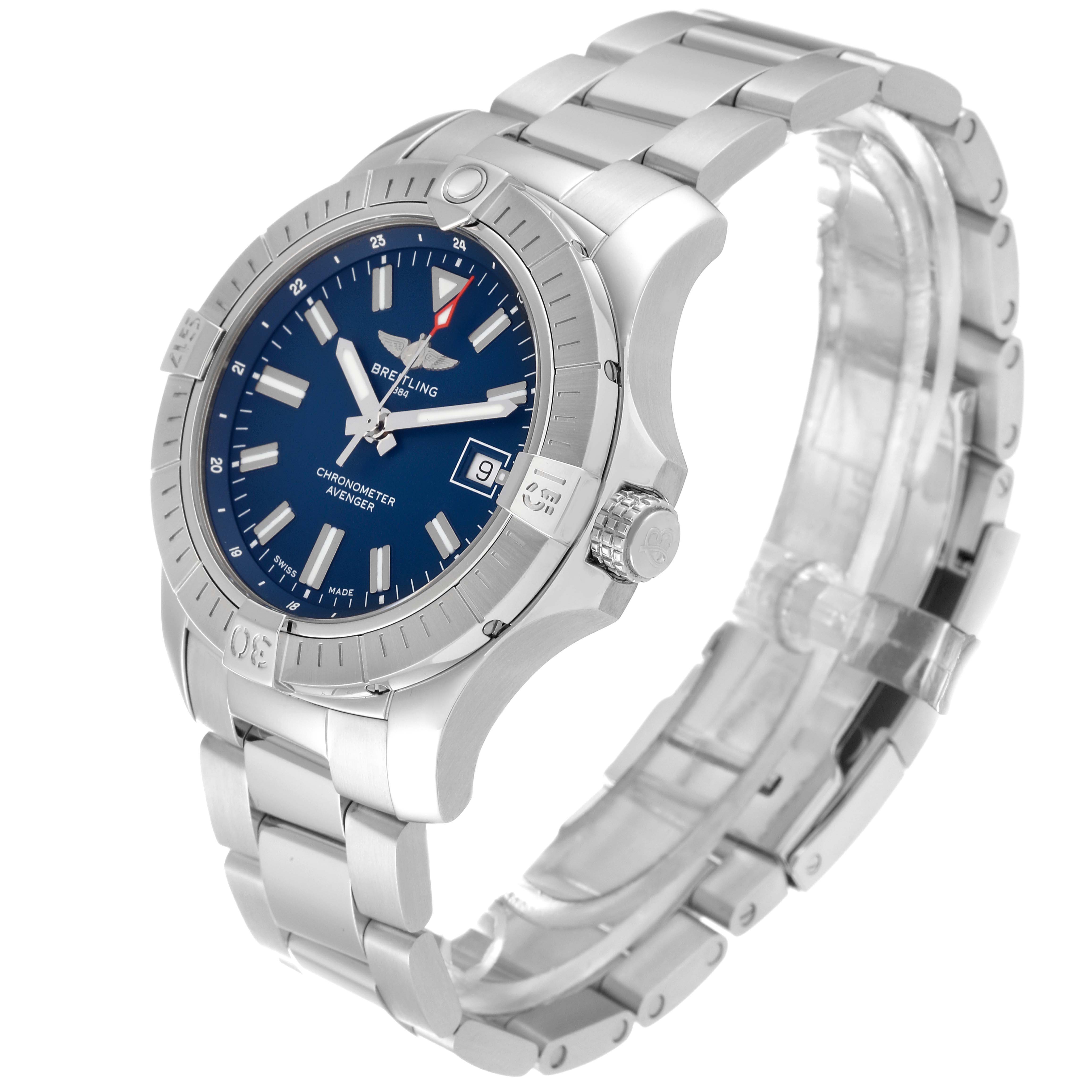 The Breitling Avenger A17318101C1A1 Men's Stainless Steel Blue Dial A17318101C1A1 Men's Stainless Steel Blue Dial watch is shown at a three-quarter angle, displaying the face, bezel, crown, and bracelet.