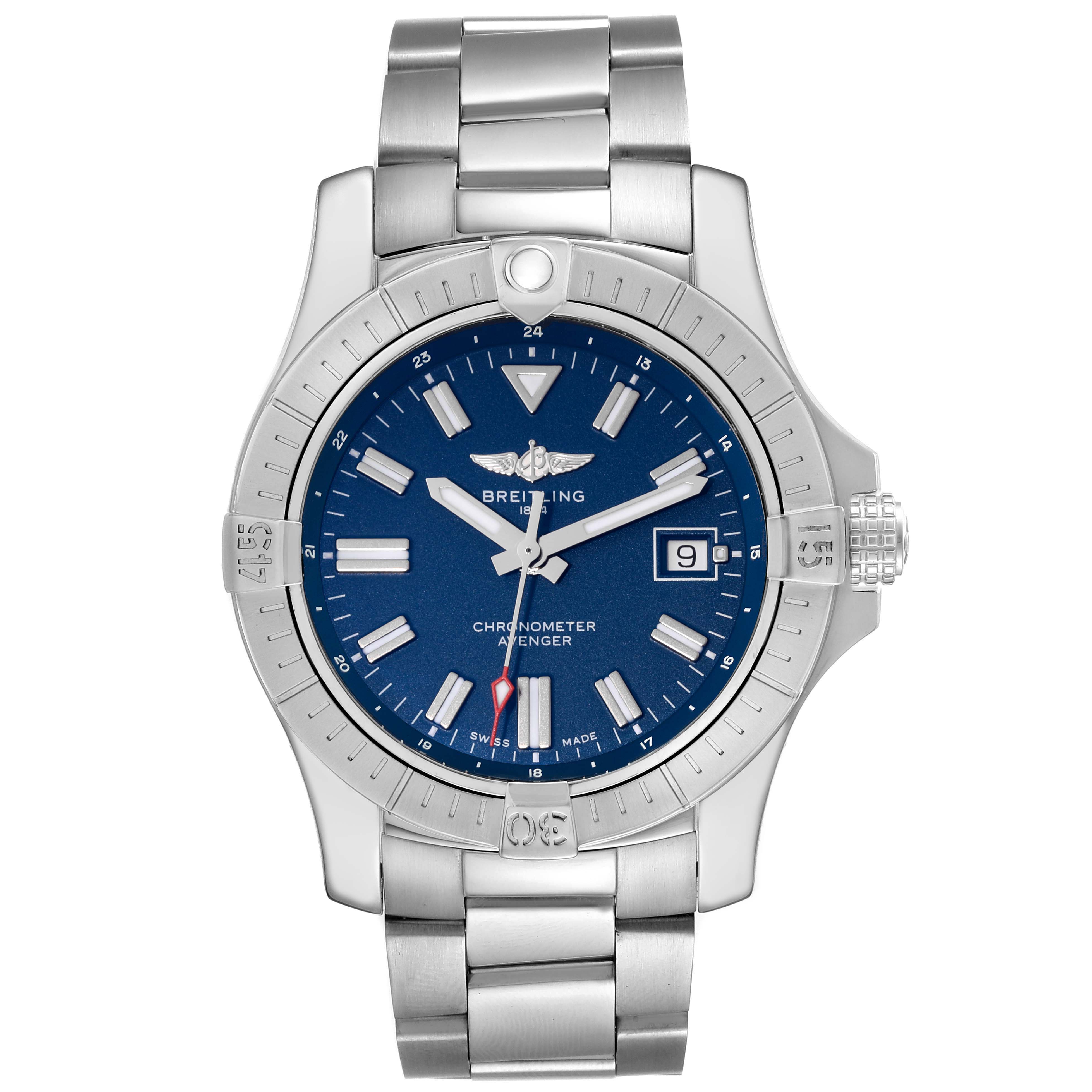 The image shows a front view of a Breitling Avenger A17318101C1A1 Men's Stainless Steel Blue Dial A17318101C1A1 Men's Stainless Steel Blue Dial watch, highlighting its blue dial, stainless steel bezel, and bracelet.